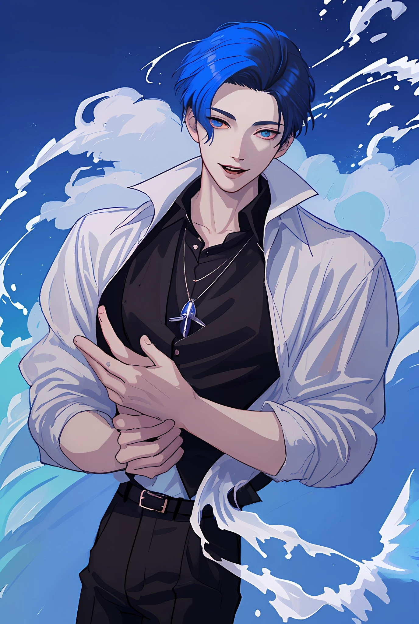 Moonlight behind, Standing by the seaside, Man with light blue hair, inspired by Sim Sa-jeong, nixeu and sakimichan, Inspired by Wang Duo, Morgoth, inspired by Bian Shoumin, Virtual Self, looking this way, inspired by Gang Se-hwang, inspired by jeonseok lee, Tumbler, high-level image quality、 beautiful male、tall、window、𝓡𝓸𝓶𝓪𝓷𝓽𝓲𝓬、Korean Male, k pop, Professional Photos, Vampires, À la Fed Man with Necklace, inspired by Sim Sa-jeong, androgynous vampire, :9 detailed face: 8, extra detailed face, detailed punk hair, ((eyes are brown)) baggy eyes, Seductive. Highly detailed, semi realistic anime, Vampires, hyperrealistic , delicate androgynous prince, imvu, short hair above the ears, Man with short hair, Gentle expression, Smiling expression, Cool pose, Korean fashion with white chest plate visible Y-shirt and black pants
