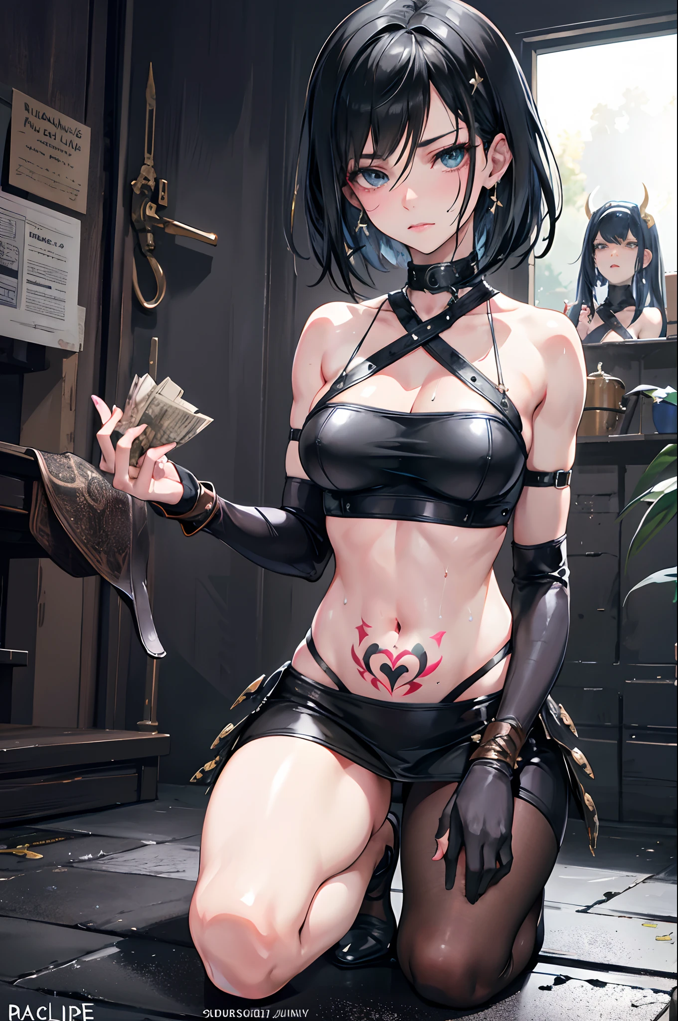 (Evangeline Lilly:Dua Lipa), tattooed, kneel down, hands in the back, bdsm collar, sweat skin, sharp focus, masterpiece, in a dungeon, ragged clothes.