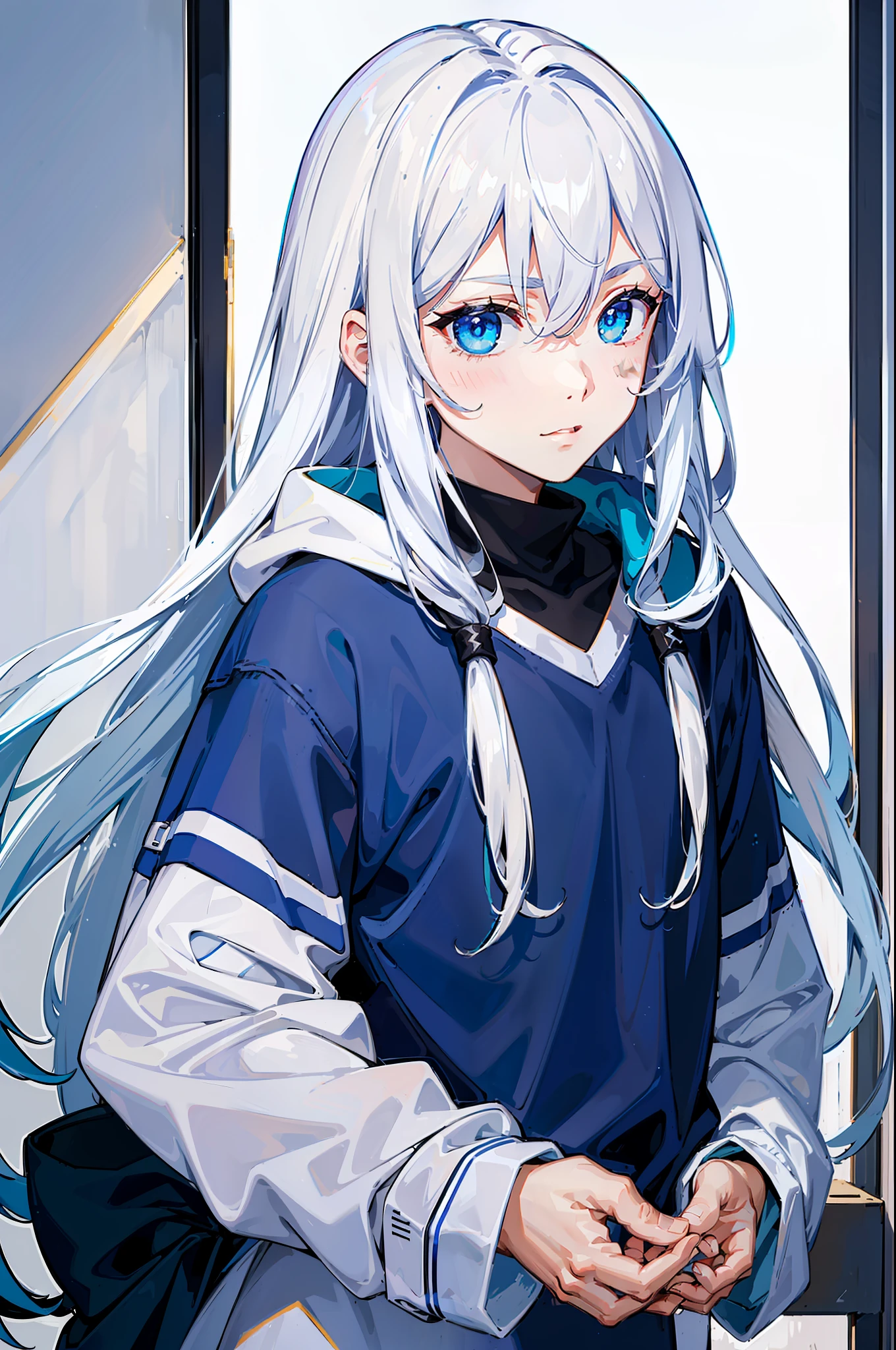 (tmasterpiece,best qualtiy),A beautiful boy with long white hair,blue color eyes,Sweatshirt