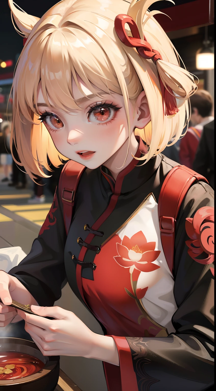 Chengdu girl,hot pot,Delicate facial features,Delicate,(There is lotus embroidery on the clothes:1.4),(Chinese red:1.4),Lively street stalls,the night,red colour,Abundant hot pot ingredients,Twist braids,Bokeh,sharp focus on eyes,8K,super-fine,tmasterpiece,Accurate hands,Detailed pubic hair,dynamic viewing angle