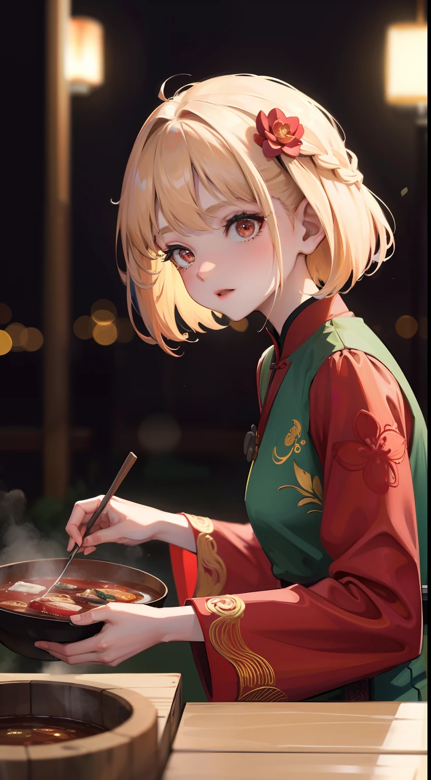 Chengdu girl，hot pot，Delicate facial features，Delicate，（There is lotus embroidery on the clothes：1.4），（Chinese red：1.4），Lively street stalls，the night，red colour，Abundant hot pot ingredients，Twist braids，Bokeh，sharp focus on eyes，8K，super-fine，tmasterpiece，Accurate hands，Detailed pubic hair，dynamic viewing angle