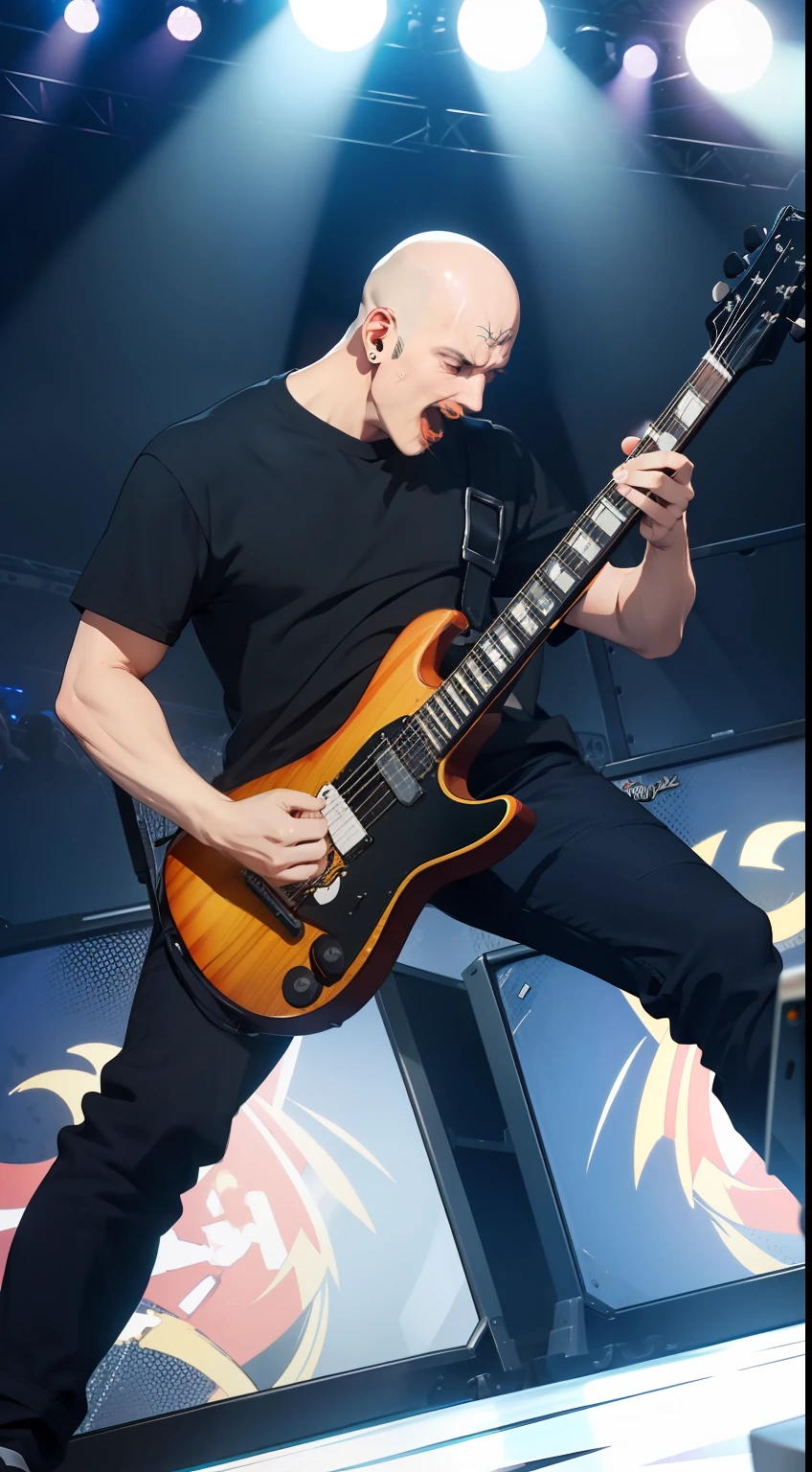 One man wearing black shirt, black jeans, bald haircut, perfect anatomy, focus on camera, standing in heavy metal concert, holding black electric guitar , screaming, authentic pose, authentic expression