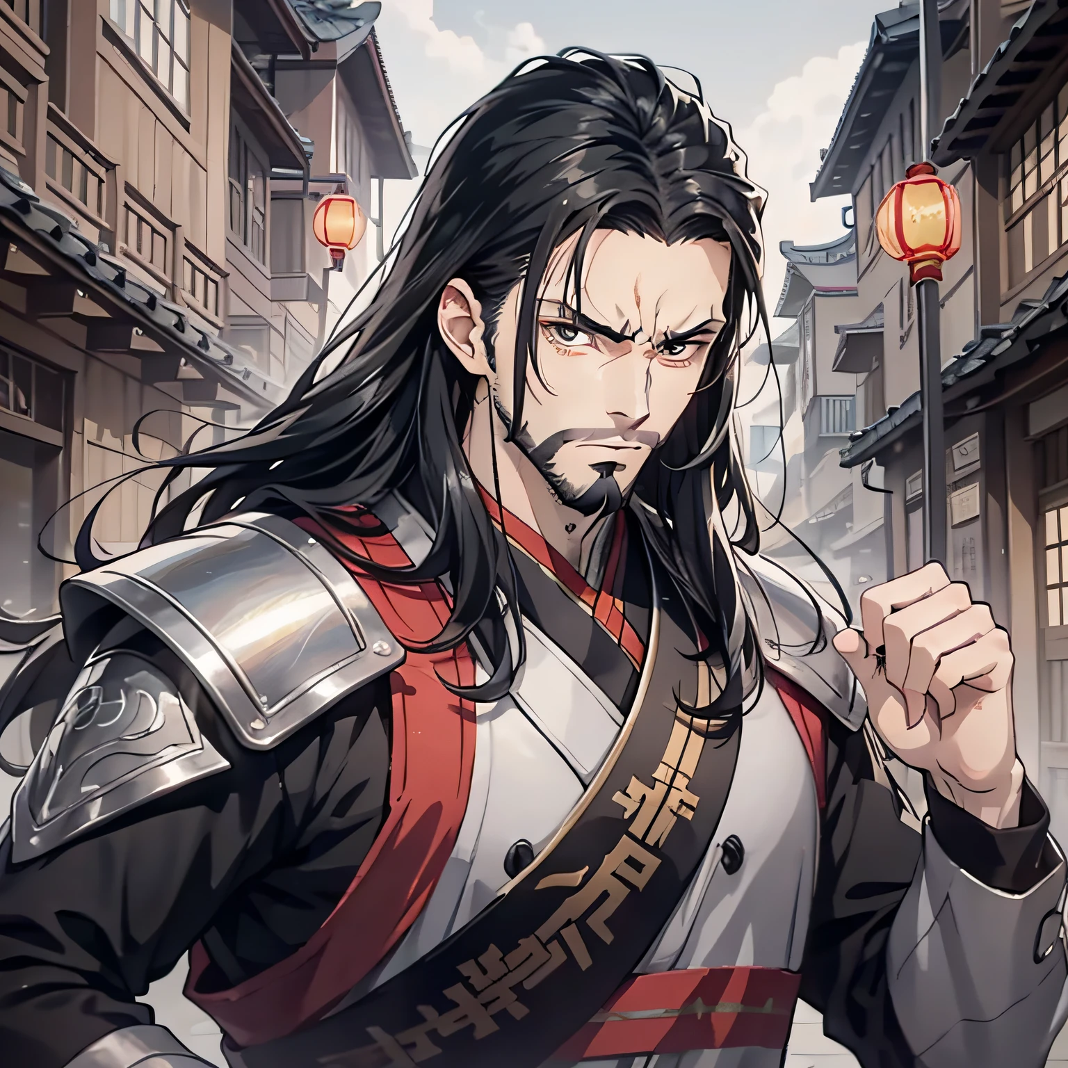 A long black hair，A thin man of about 30 years old in a gray Han suit stood in the village courtyard and roared angrily（Set in ancient Chinese village 1.5）（Tang Dynasty 1.5）style of anime4 K，Anime rendering，style of anime，Handsome anime face，Handsome man in costume（Upper body display 1.5）（Angry roar 1.5）（Handsome man 1.3）（Vicissitudes 1.5）（Cinematic lighting 1.5）（Black beard 1.5）