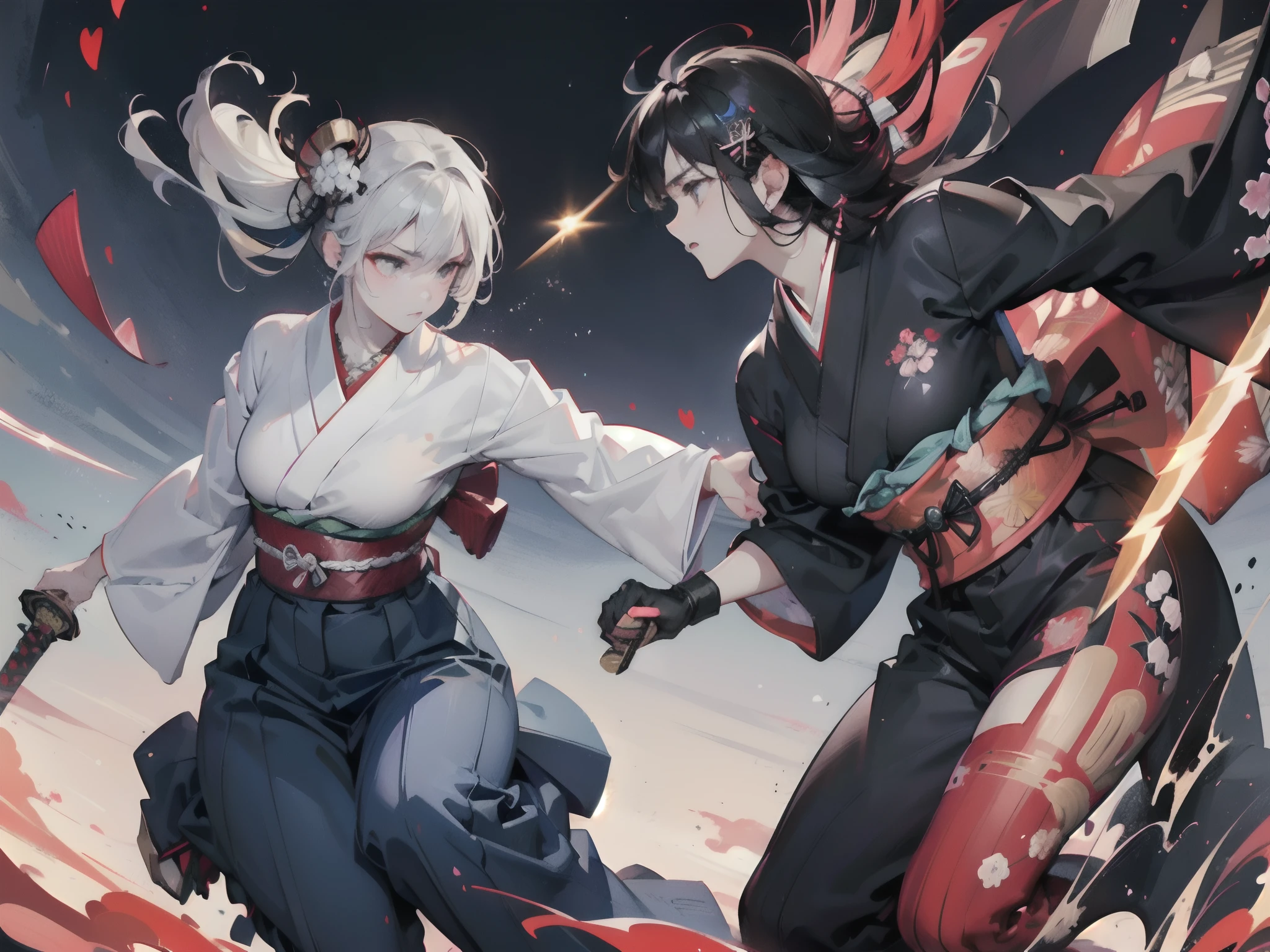 (fullllbody), 1 Samurai Girl, (beautifully detailed eyes), (beautiful and detailed face), Perfect female body, (neat figure:1.2), Slender waist, (18year old), Very big eyes, watery lips, (Sober haori hakama:1.4), (Red neckband and black gauntlet), (A beautiful Japan sword depicting ultimate loneliness:2), (Blades without distortion:2), ((Flashy sword fighting:1.6)) ,(Fight male samurai:1.2),Dogfight,(Rotating slash:1.5) (top-quality), (ultra-detailliert), (masuter piece), (hight resolution), (Photorealsitic:1.4), (Dynamic Angle:1.2), (Original), (the Extremely Detailed CG Unity 8K Wallpapers), Character Design, Game CG, Detailed Manga Illustration, Realistic head-to-body size ratio:1.2