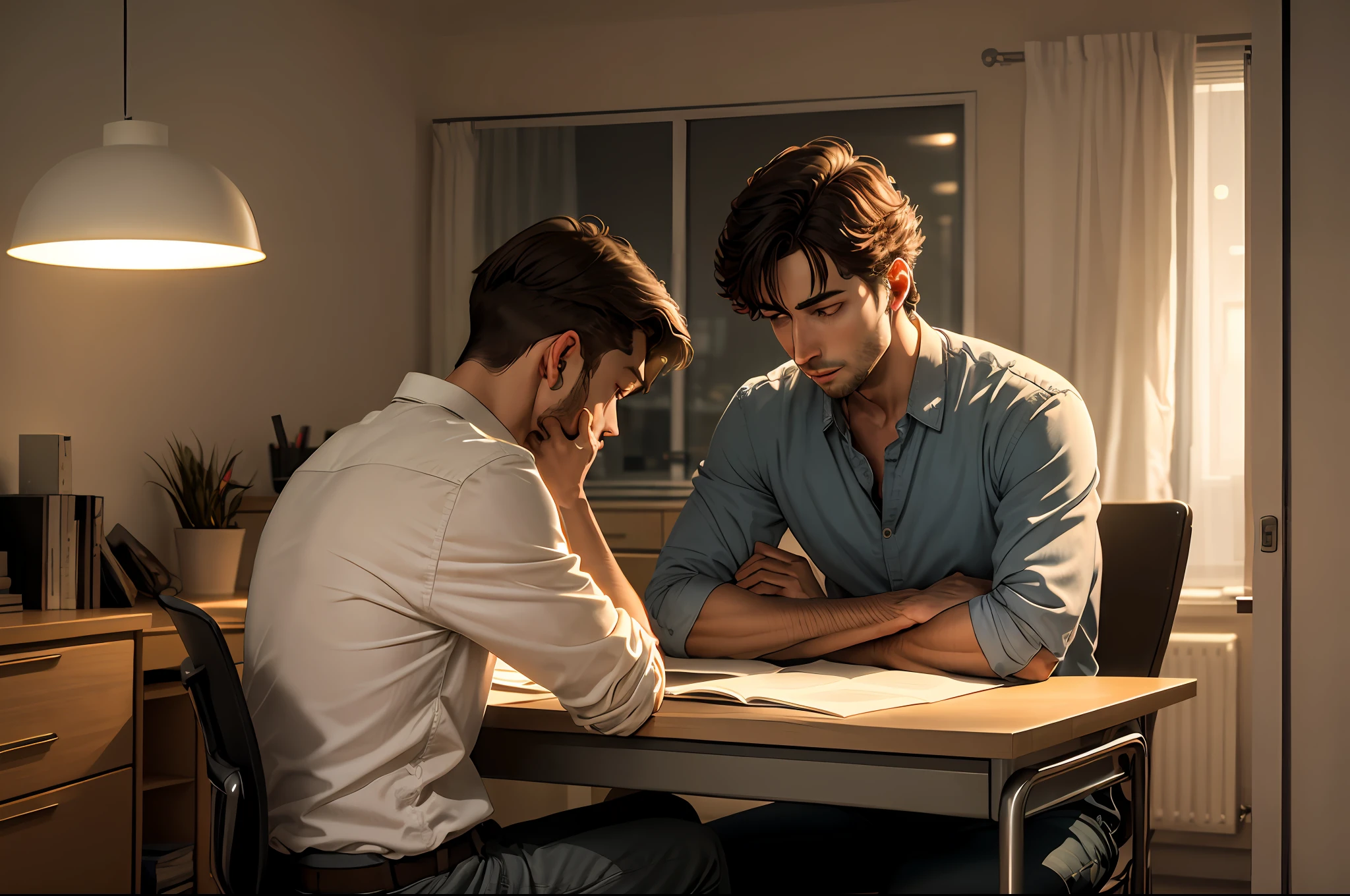 In the dark apartment at night, a man sits at his desk