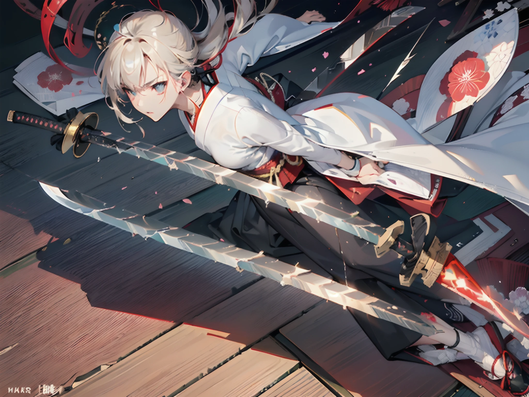 (fullllbody), 1 Samurai Girl, (beautifully detailed eyes), (beautiful and detailed face), Perfect female body, (neat figure:1.2), Slender waist, (18year old), Very big eyes, watery lips, (Sober haori hakama:1.4), (Red neckband and black gauntlet), (A beautiful Japan sword depicting ultimate loneliness:2), (Famous knife:1.6), (Beautiful sword ripples), (Blades without distortion:2), ((Flashy sword fighting:1.6)) ,(Fight male samurai:1.2),Dogfight,(Rotating slash:1.5) (top-quality), (ultra-detailliert), (masuter piece), (hight resolution), (Photorealsitic:1.4), (Dynamic Angle:1.2), (Original), (the Extremely Detailed CG Unity 8K Wallpapers), Character Design, Game CG, Detailed Manga Illustration, Realistic head-to-body size ratio:1.2