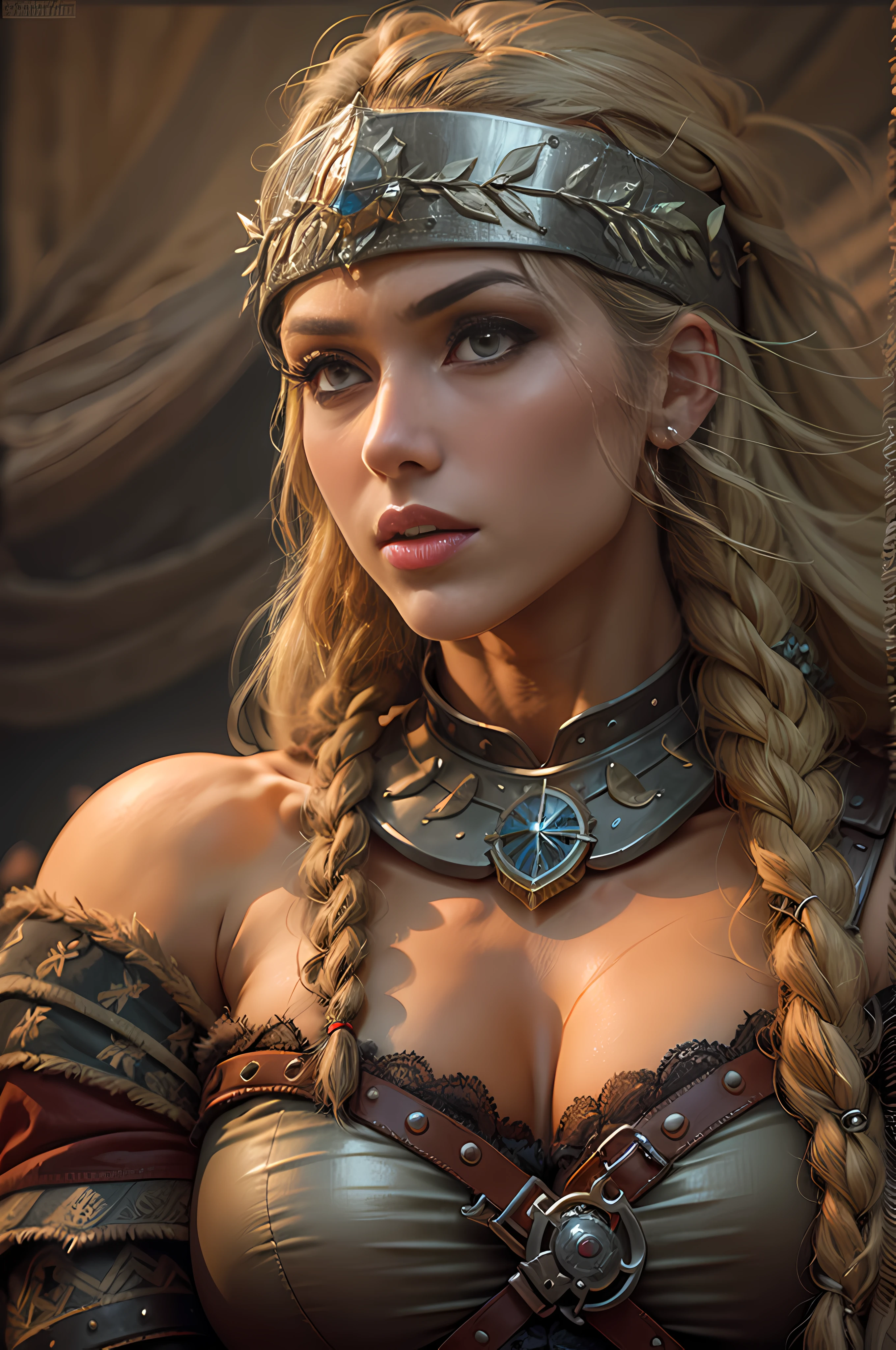 (Masterpiece, ultra detailed: 2), (best quality: 2), (beautiful woman: 2), (beautiful face: 2), viking warrior woman, muscles, very big breass, sexy