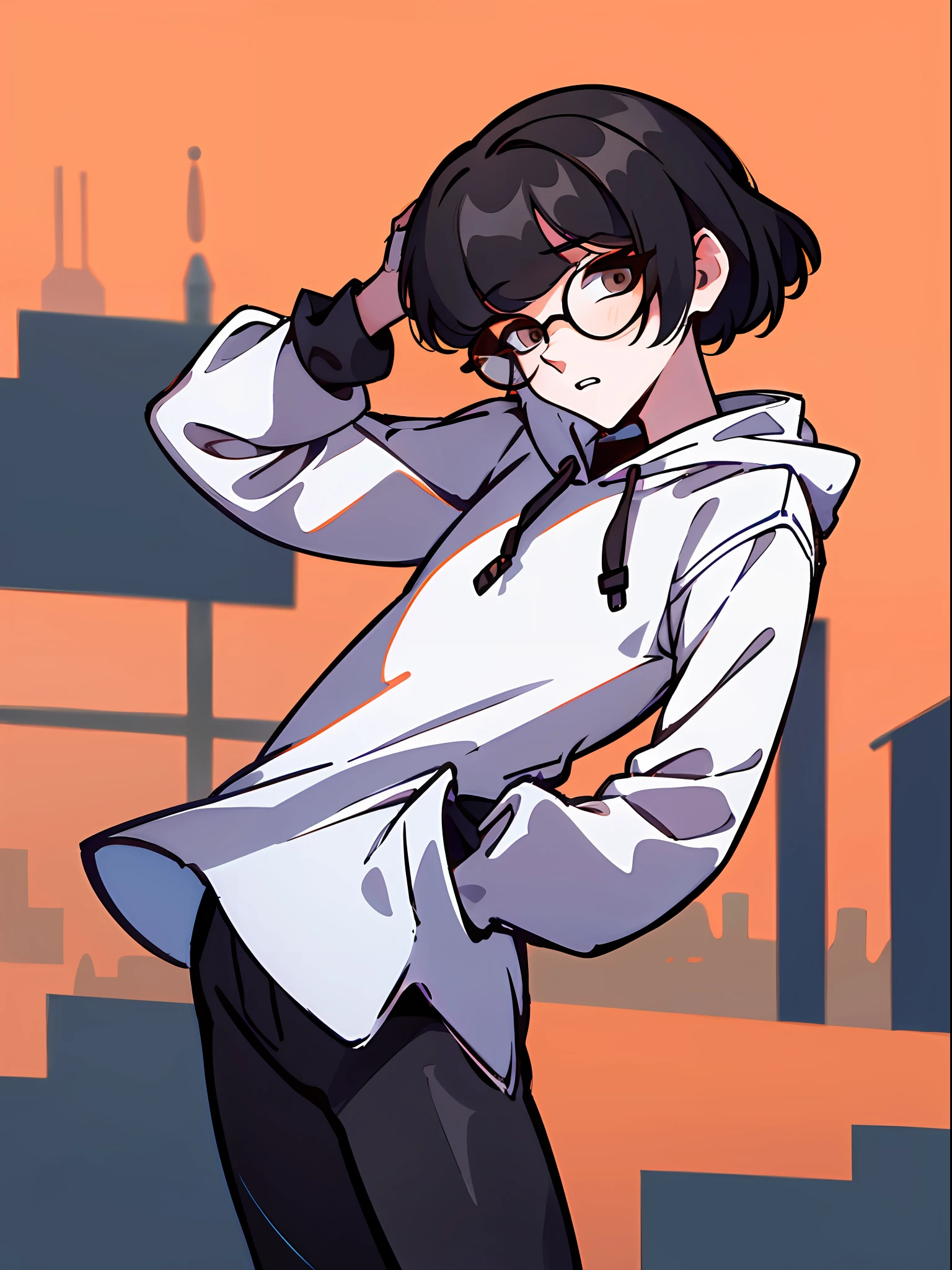 1boy, short black hair, brown eyes, wearing white shirt, wearing glasses, wearing long black pants, wearing hoodie, city, absurdres, high res, ultrasharp, 8K, masterpiece, looking at viewer