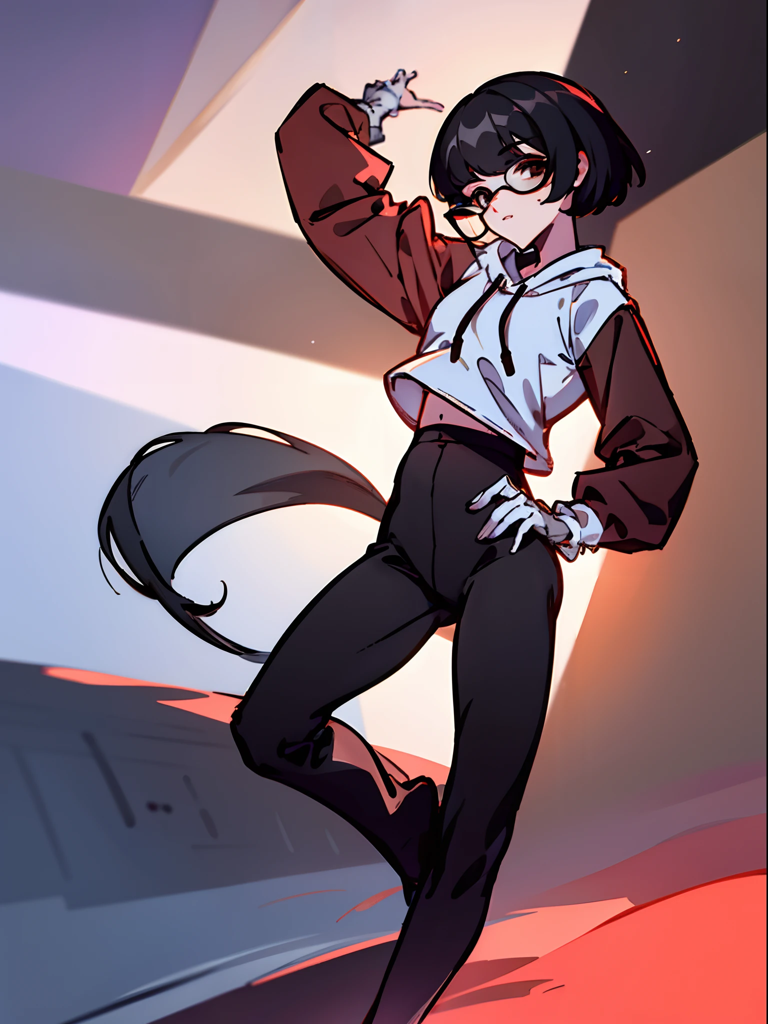 1boy, short black hair, brown eyes, wearing white shirt, wearing glasses, wearing long black pants, wearing hoodie, city, absurdres, high res, ultrasharp, 8K, masterpiece, looking at viewer