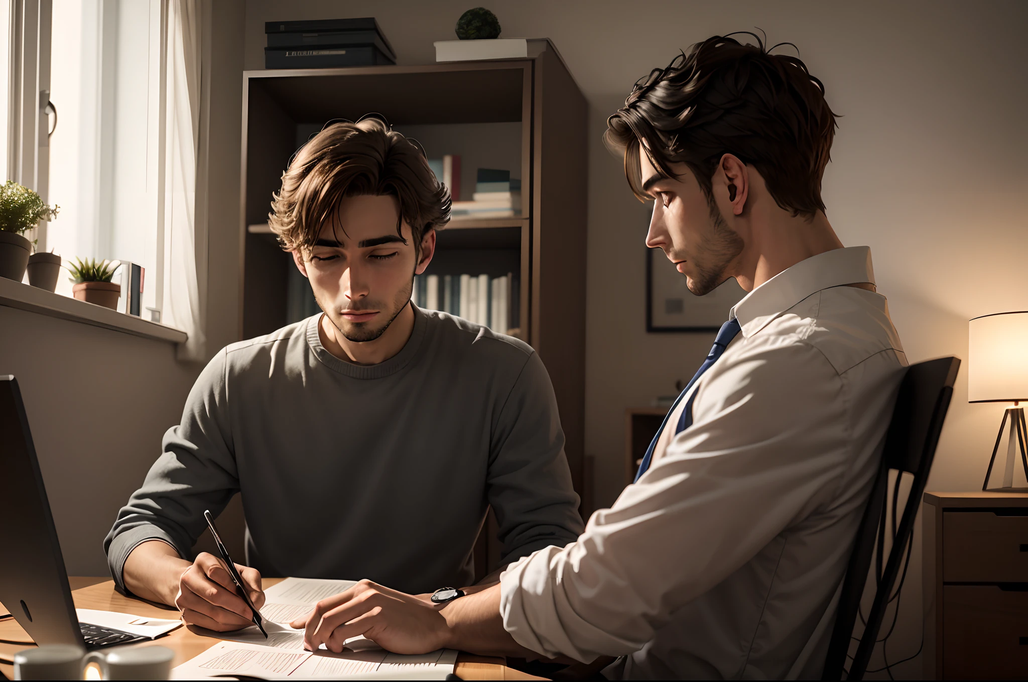 In the dark apartment at night, a man sits at his desk