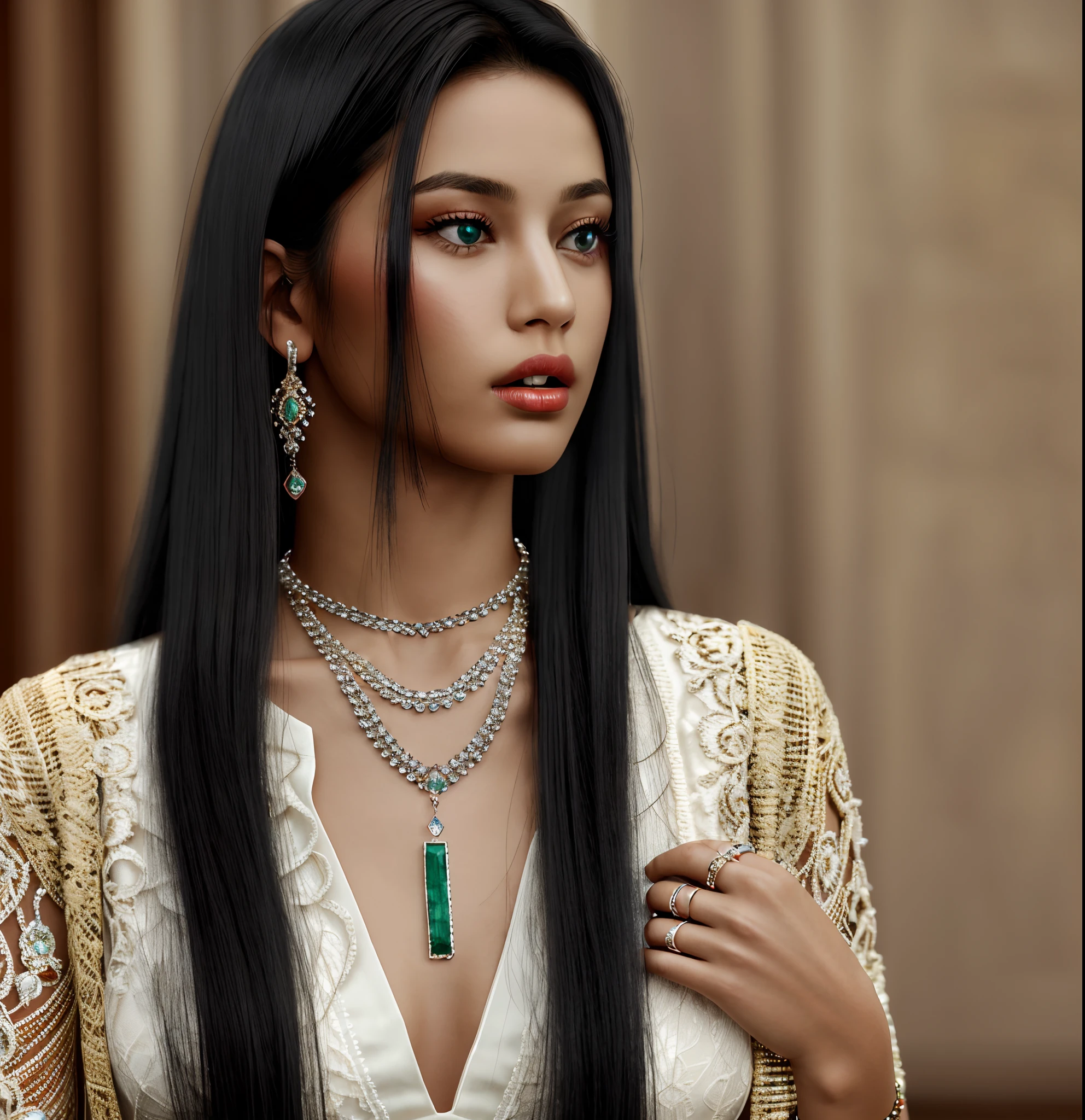 A girl with long black hair.
trkshlds woman
ultra realistic, 8k, detailed, elaborate, high quality
Necklace of fine emerald, ruby, yellow and white jewelry