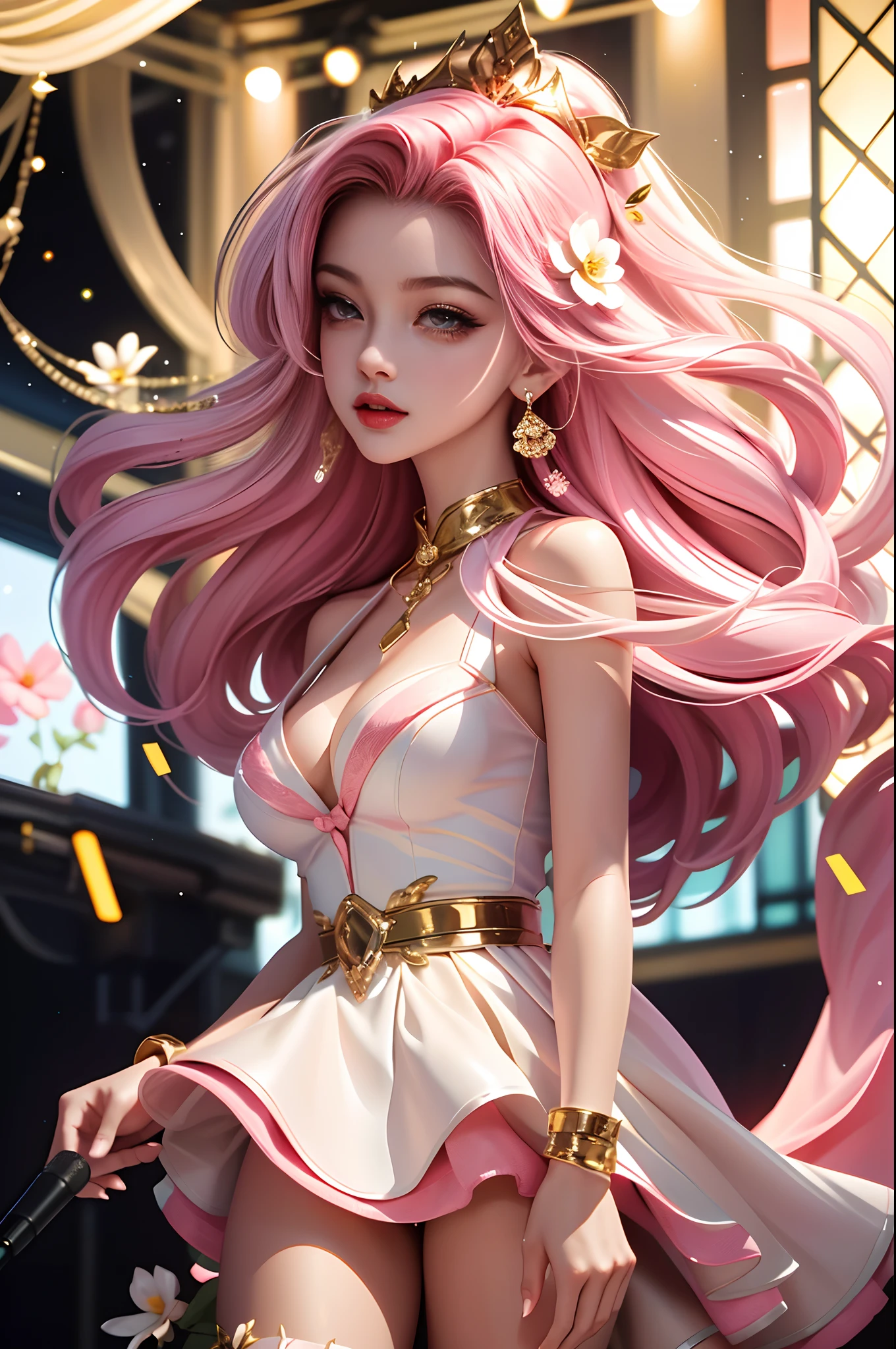 Masterpiece, Best quality, A high resolution, HMSL1, Medium hair, x hair ornamen, crown, pink flower, White dress, bridal garter, Bare shoulders, Wrist cuffs, frill dress, neck bowtie, Large breasts, Stage, day, sky, Cowboy shot, standing in the middle of the stage,Microphone in hand,The microphone is cute strawberry shaped,1girll,full body,Slender toned legs,white Heels,The leather shoes have gold metal hangings,idoly,Stage costumes,be on stage,holding a mic,Neon stage,Projector lamp illumination,LED stage background,Flowers bloom,Seven colored lights,(Masterpiece),(Best quality:1),(超高分辨率:1),the wallpaper, Detailed illustration, detailed beautiful skin, 1girll, Solo, Bikini, , Sexy, big breast, mini plaid skirt,