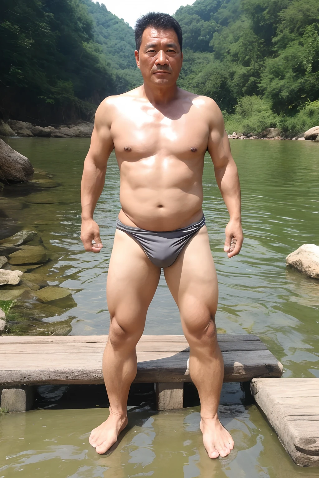 Uncle Shandong, A Chinese man of about 35 years old, Rough and handsome looks，Ultra-dense body hair，barechested, Big waist round, Chest hair，Abdominal hair，Sit by the river and wash your feet, vred, scowling, Masterpieces of the best quality, Get wet，sweat leggs，（musculous:1.5），（fatness:2），（Gray hair:1.5），（Gray body hair:1.5），（Skin Wrinkles:1.5），（gloss on the skin:0.5），