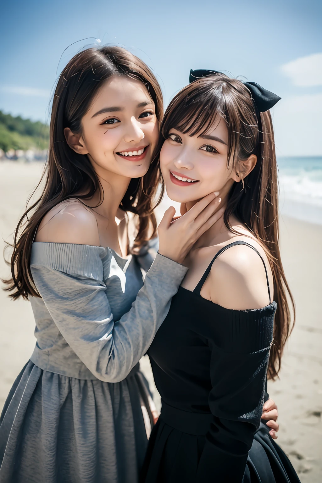 (8K、RAW photography、top-quality、tmasterpiece:1.2),(((two girls,duo,stroking,on the beach))),、ultra - detailed、Hyper-Resolution、(hyper realisitc:1.4)、(Use the kiss you throw as a camera)from the above、camera shot from above、Shoot the camera angle from above、I look at this with upward eyes、Arms outstretched、Arms spread wide、Use high-quality images taken from above with your camera、(5 digits in Girl on the Beach 1:1.3)、、Offshore girls(dreamlike lighting)Head to waist、、white skinned、Fair-skinned female proofreading、super high image quality、、Beautiful female proofreading reflecting in light、astonishing detail、Beautiful girls in very detailed、(Faces with different patterns1:1.2)、(Different facial emotions 1:1.3)、Each hairstyle has its own characteristics、colours々Hairstyles、colours々The hair color shines with a clean sheen、I love fishing on the boat、Brown hair shining in the light、One has a ponytail、、Modern cute girl、very detailed faces very detailed eyes、Very realistic skin、 Extremely detailed fingers, Highly detailed nose, highly detail mouth, perfect anatomia, (Off-the-shoulder ta costume 1:1.2)、、Their hair details sparkle、Hot teeth and smiles、Realistic body, white skinned, glistning skin, Slim body, Long straight hair, (Blunt bangs:1.2), , nixeu and sakimichan, twice, seifuku, sakimichan, promotional still, lalisa manobal, alena aenami and lilia alvarado