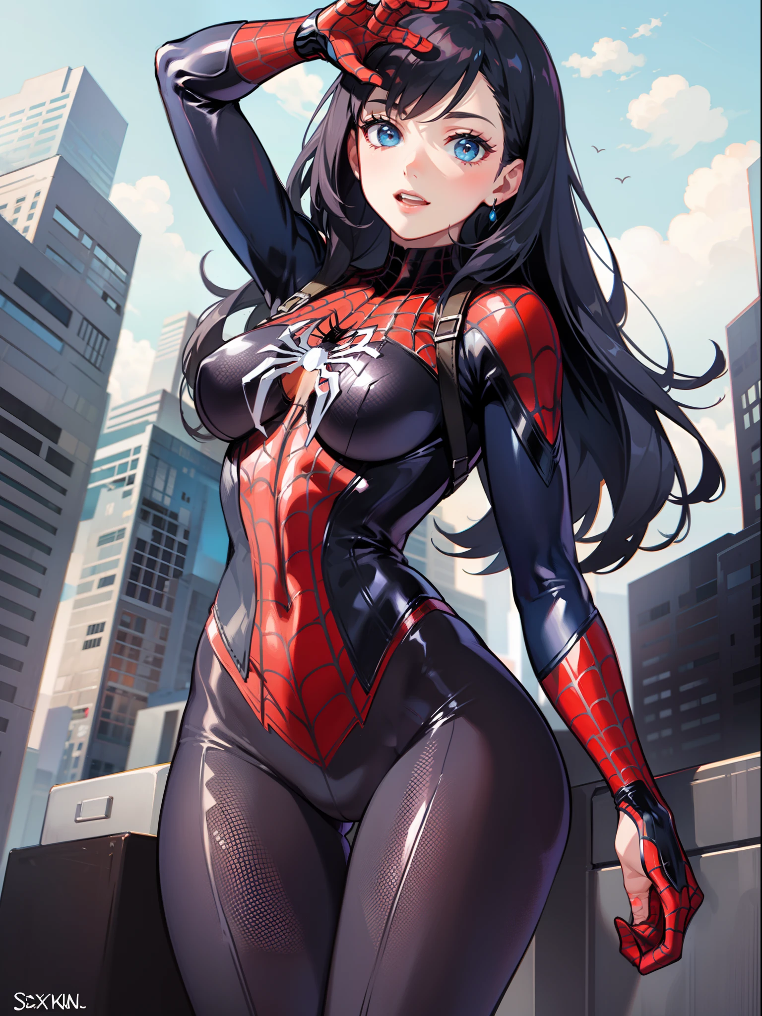 Spider - woman in latex costume posing for photo, ( ( spiderwoman ) ), very detailed Artgerm, flaxen ponytail、white panty、Ultra mini skirt、in the style artgerm, beautiful boob、Beautiful facial features、Beautiful navel、Beautiful camel toe、Spider Woman, ig model | ArtGerm, spiderwoman!!, alena aenami and artgerm, spiderwoman!!!!!, range murata and artgerm, artgerm style