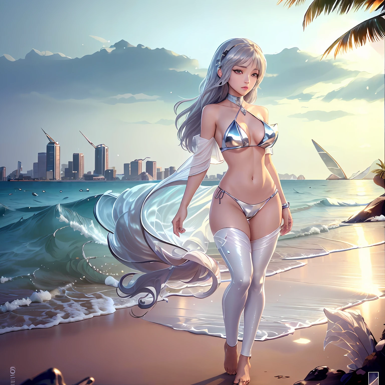 Best quality,delicated face,20-year-old Kpop idol girl,Silver body,(mediuml breasts:1.5),By bangs,beachside,stand posture,sea beach,Barefoot,(camel-toe,Carmelto,Vulvar shape:1.2),cyber punk perssonage,sci-fy,