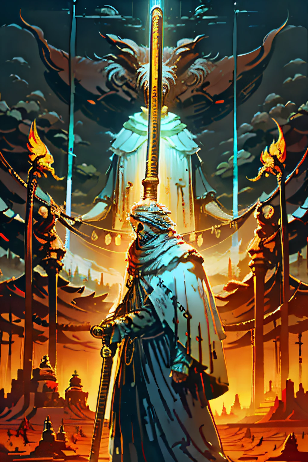 An old man with a cloak,With a staff in his hand,Stand sideways on the desert,Look up at the sky