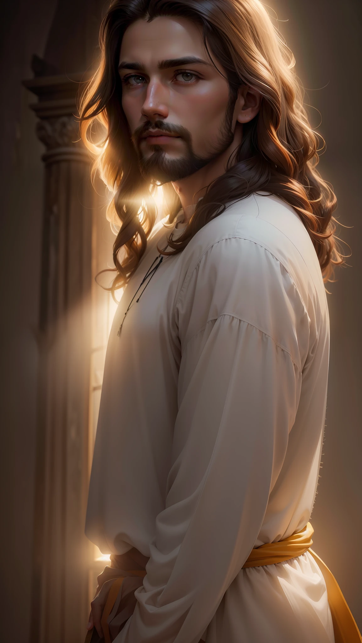 Jesus Cristo com cabelos brancos com aspecto resplandecente como o sol. Detalhes dourados. Image with very high lighting quality, Very high resolution image, image with very high coloration, imagem realista, imagem hiperdetalhada