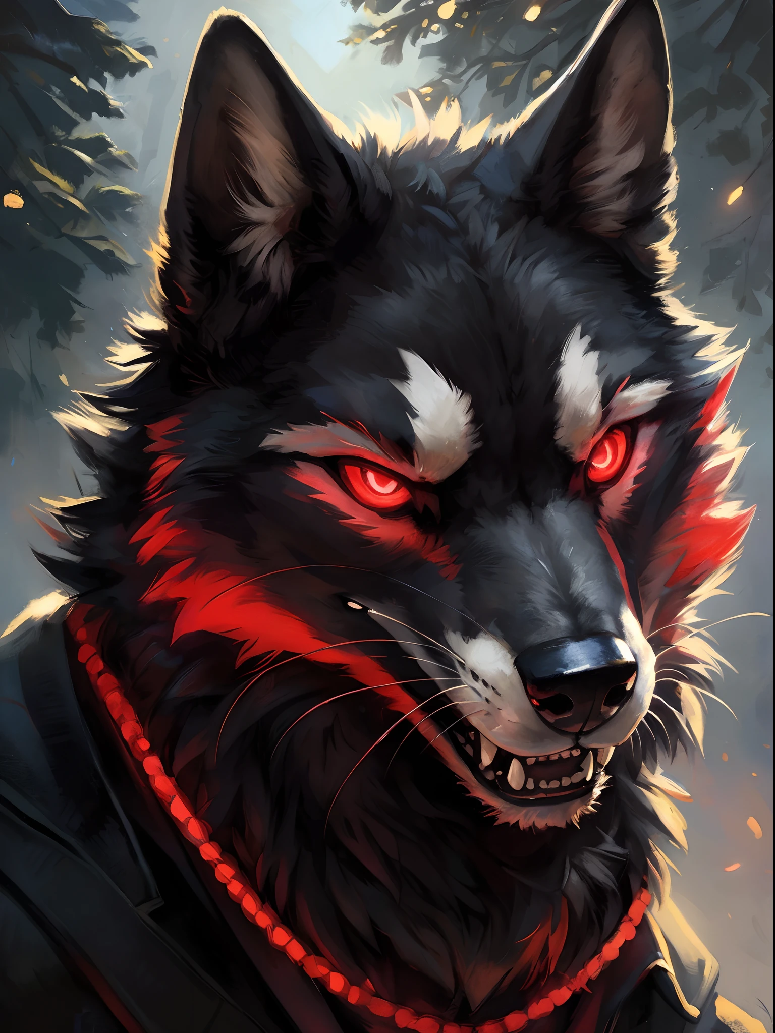 dark palette wolf, glowing smoke big red eyes, sharp long fang, wind with high speed line, fine delicate soft fur, threatening look, black metal plate with chinese ink art,