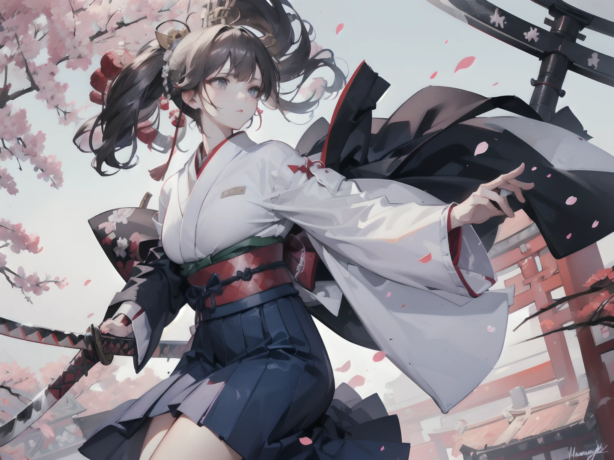 (fullllbody), 1 Samurai Girl, (beautifully detailed eyes), (beautiful and detailed face), Perfect female body, (neat figure:1.2), Slender waist, (18year old), Very big eyes, watery lips, (Sober haori hakama:1.4), (Red neckband and black gauntlet), (A beautiful Japan sword depicting ultimate loneliness:2), 1 life-size blade, (Blades without distortion:2), ((Flashy sword fighting:1.6)) ,(Fight a shaggy man with a big metal rod:1.2),At a shrine where cherry blossom petals flutter, Dogfight,(top-quality), (ultra-detailliert), (masuter piece), (hight resolution), (Photorealsitic:1.4), (Dynamic Angle:1.2), (Original), (the Extremely Detailed CG Unity 8K Wallpapers), Character Design, Game CG, Detailed Manga Illustration, Realistic head-to-body size ratio:1.2