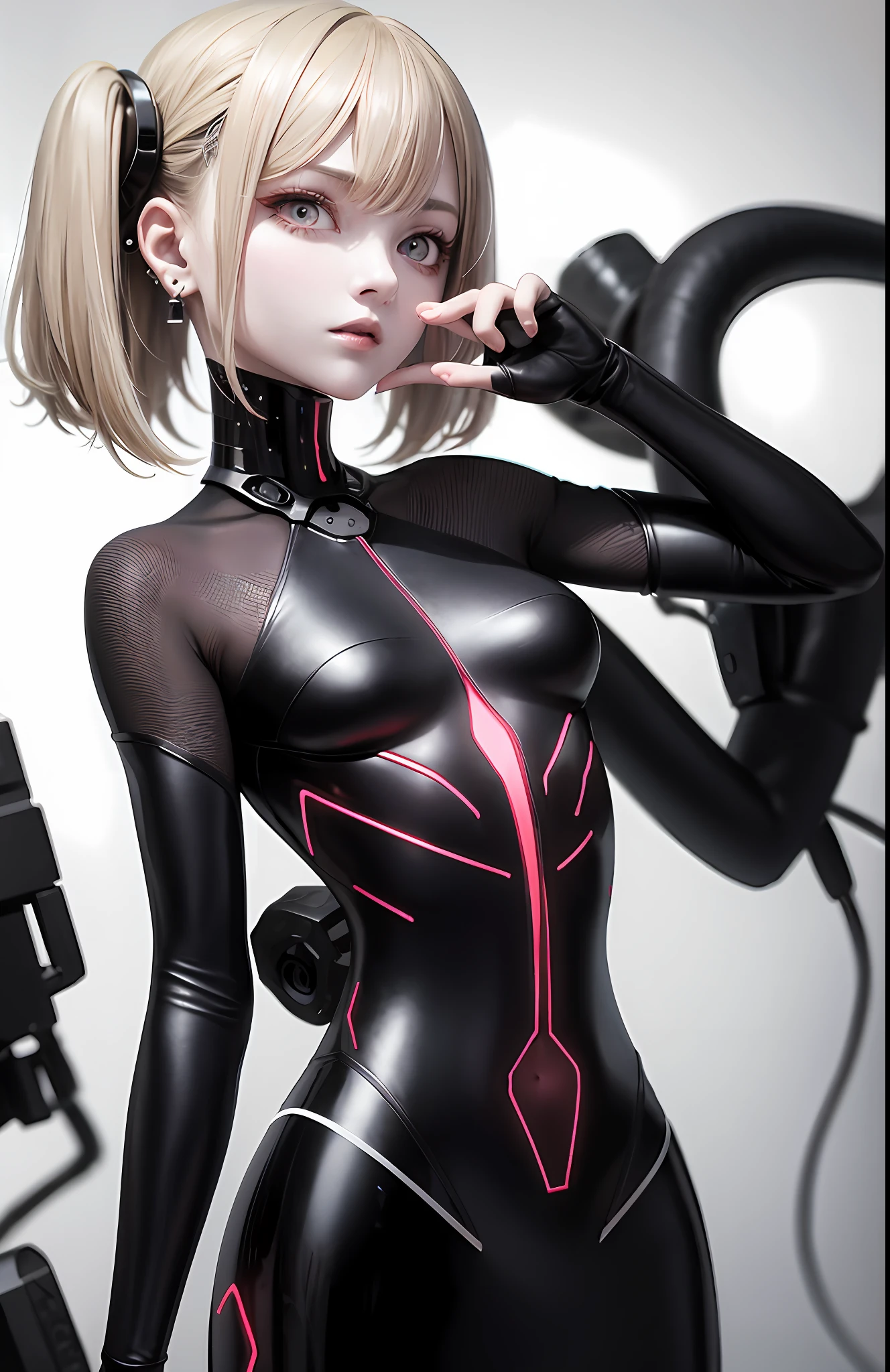 optimum,tmasterpiece,A high resolution,best qualtiy,hyper HD,super detailing,Award-Awarded,16k,独奏,(The upper part of the body),anatomy correct,Beautiful cyberpunk girl,Ex Machina,cute face,high light,Gradient Beige Hair,Hairline,((Scarlet eyes)),long eyelasher,Hanging eye corners,White skin of the,(small boobs),(Slim body),((halterneck)),((high-waist_Skirt)),(),ear studs,(neck rings),(Laser material clothing:1.2)
