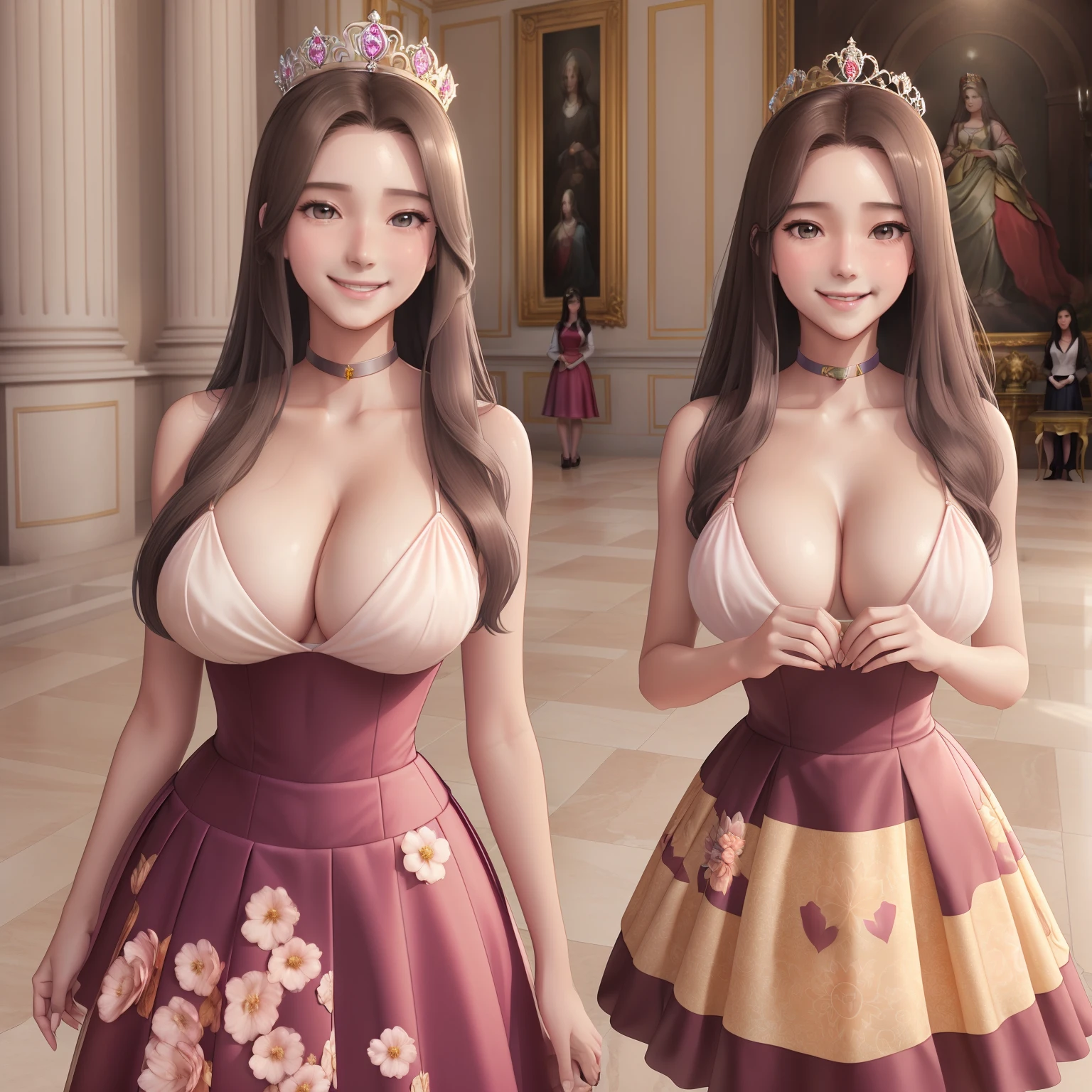 girl,Princess,long wet brown hair,diamods crown,he tall,sexy pose princess,super big breast,(P cup),age 17,happy and smile detailed,sexy long princess clothes and long skirt outfit,full body,standing on royal palace,princess hold a bouquet of flowers,in the crowd royal palace