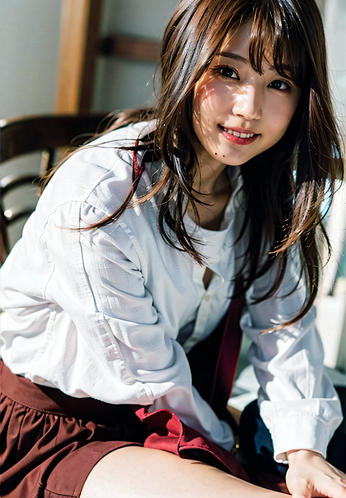 (8K:2, RAW photo, Best quality, Masterpiece:1.2), (Photorealistic:1.6), (Masterpiece),(Best quality:1.0), (超高分辨率:1.0), Detailed, 40yo girl , Solo , detailed beautiful skin, Detailed room,   ,Realistic skin , Medium breasts, Best quality, 超高分辨率, Cute,  Long hair  , Smile,  , White shirt,  , sitting on bed,