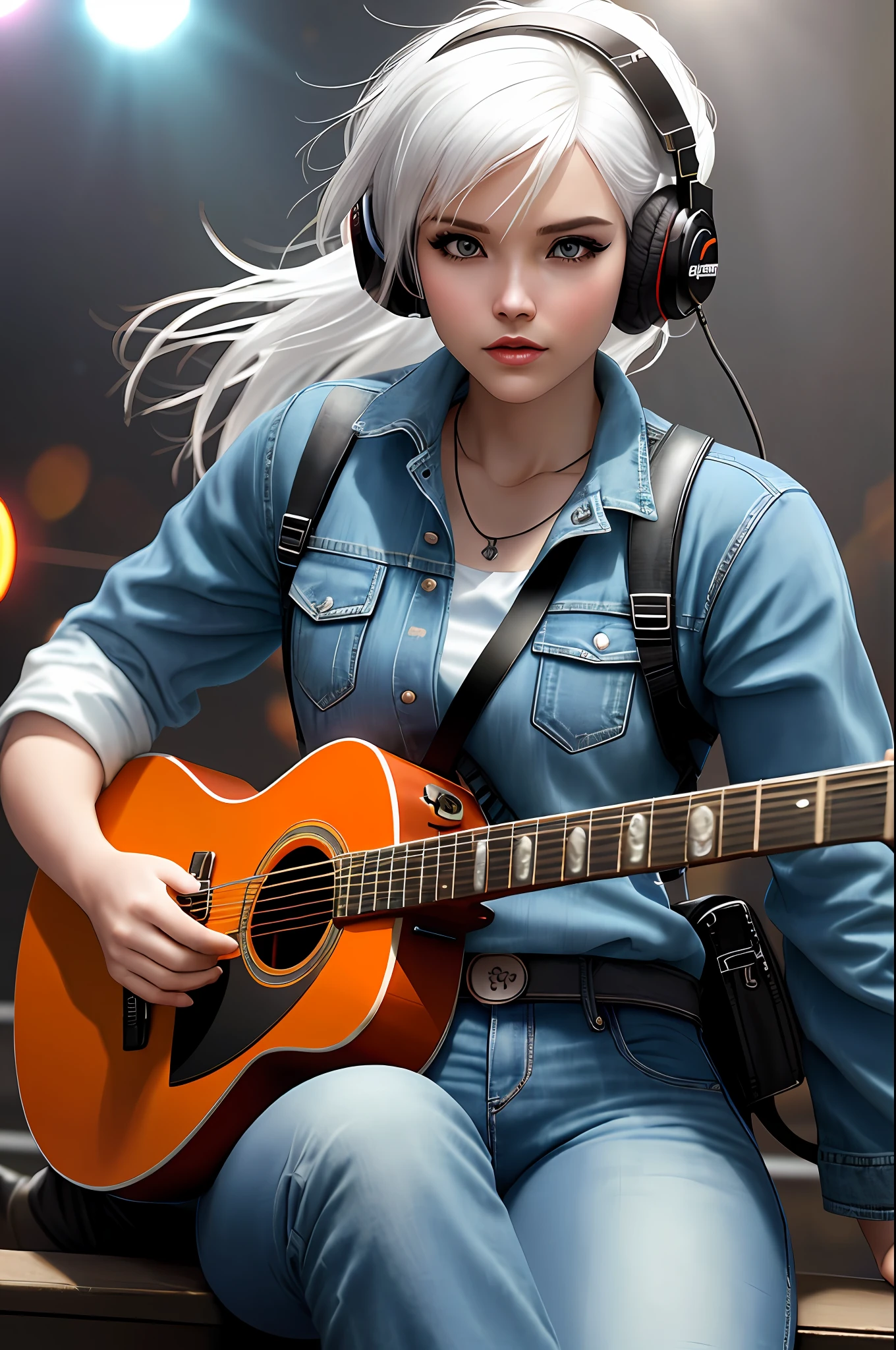 a pregirl,Sitting on a motorbike,Holding the guitar,With a headset,Singing,The stage lighting is rich in color,White hair,Orange and loose-fitting clothing,denim pant,tmasterpiece,Cinematic effects Detailed details,Official 4k,Depth of field effect,depth of fields,blurryforeground,The background is blurred out,middlebreast,cyber punk style