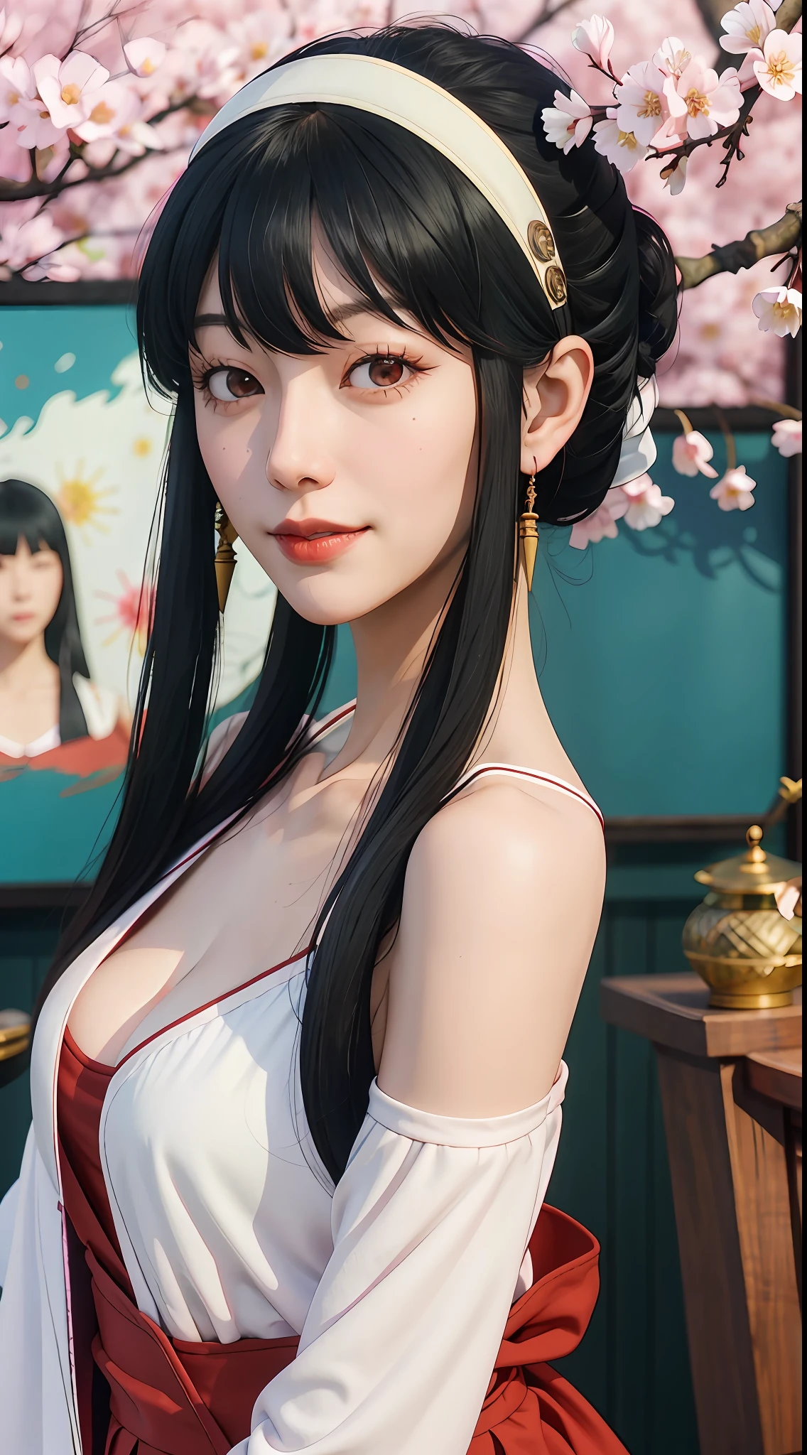 yor, Mature female,  bangs, side locks, Red eyes, Black hair, hair adornments，sportrait, (face:1.2), girls, ssmile,bare shoulders​, Black hair, cherry blossom, cleavage, (Robe:1.21), 鎖骨, Willow Branch, (masterpiece best quality :1.2),