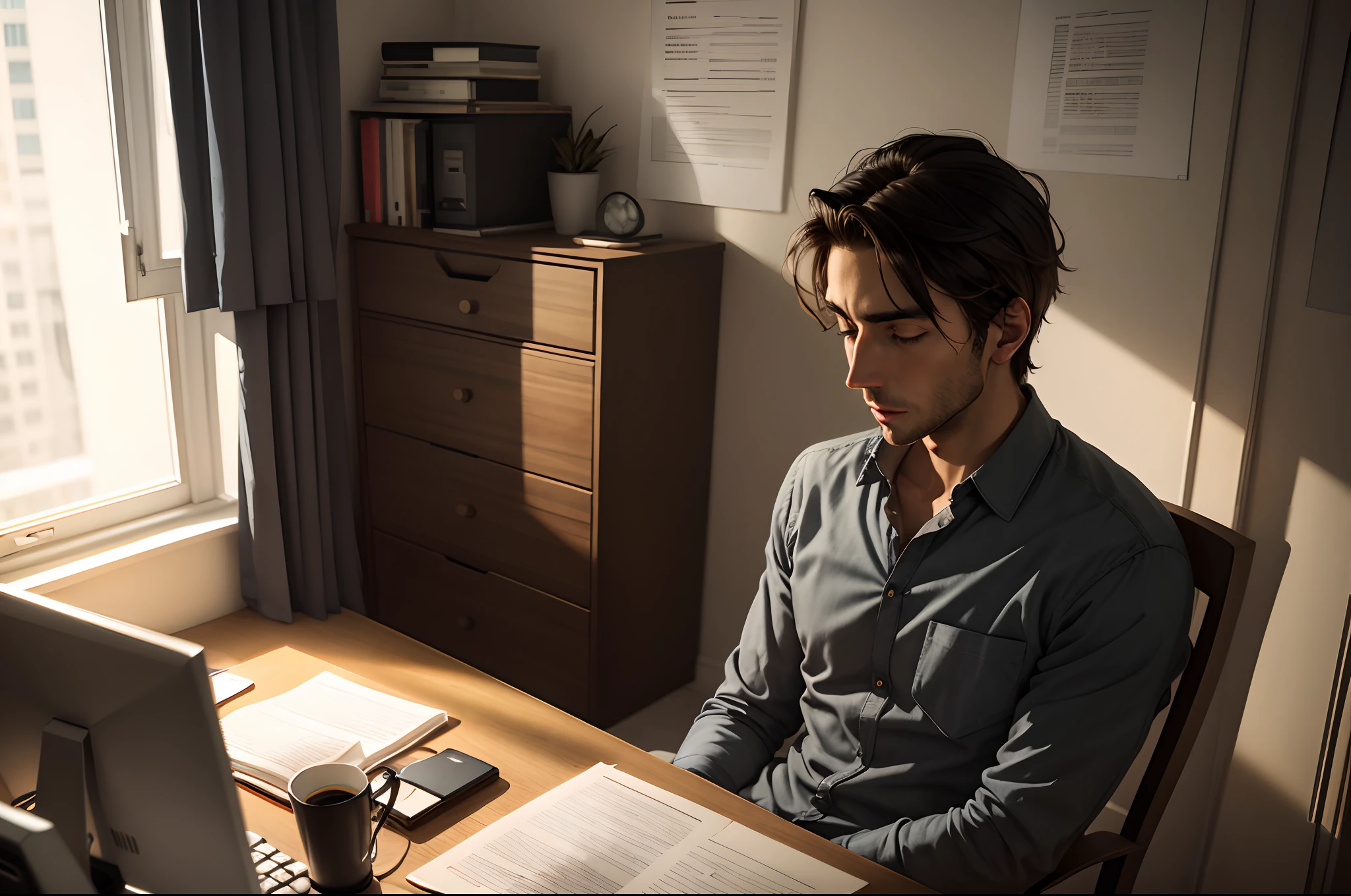 In the dark apartment at night, a man sits at his desk