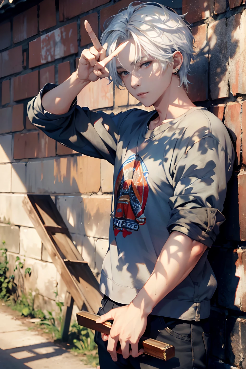 (absurdres, highres, ultra detailed, HDR), masterpiece, best quality, a boy, solo, handsome, short hair, white hair, finely eye and detailed face, casual clothes, real shadow, lift hand in peace sign, joyful, ear piecing,