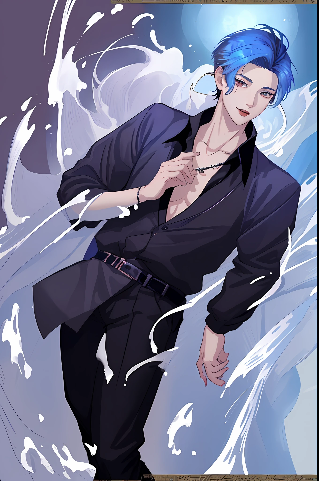 Moonlight behind, Standing by the seaside, Man with light blue hair, inspired by Sim Sa-jeong, nixeu and sakimichan, Inspired by Wang Duo, Morgoth, inspired by Bian Shoumin, Virtual Self, looking this way, inspired by Gang Se-hwang, inspired by jeonseok lee, Tumbler, high-level image quality、 beautiful male、tall、window、𝓡𝓸𝓶𝓪𝓷𝓽𝓲𝓬、Korean Male, k pop, Professional Photos, Vampires, À la Fed Man with Necklace, inspired by Sim Sa-jeong, androgynous vampire, :9 detailed face: 8, extra detailed face, ((eyes are brown)) baggy eyes, Seductive. Highly detailed, semi realistic anime, Vampires, hyperrealistic , delicate androgynous prince, imvu, short hair above the ears, Man with short hair, Korean style hairstyle, Gentle expression, Smiling expression, Cool pose, Korean fashion with white chest plate visible Y-shirt and black pants