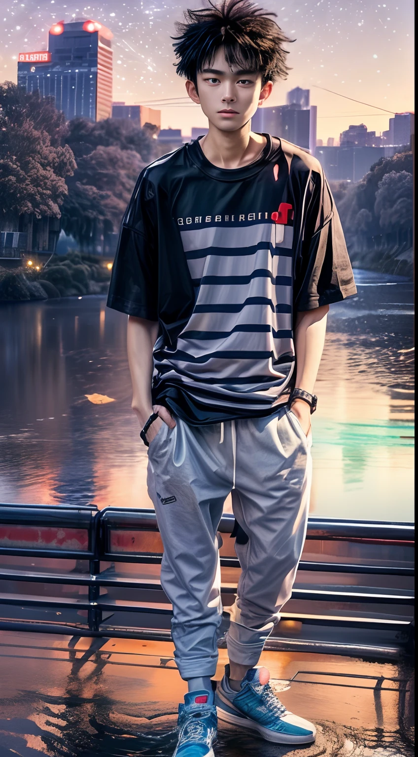 The night before the Ferris wheel，Handsome 18-year-old boy wearing a black French striped T-shirt，Wear yours with white baggy shorts and black sneakers。A slowly flowing river in the background,In the distance are high-rise buildings and neon lights of technology,Full of the Milky Way.