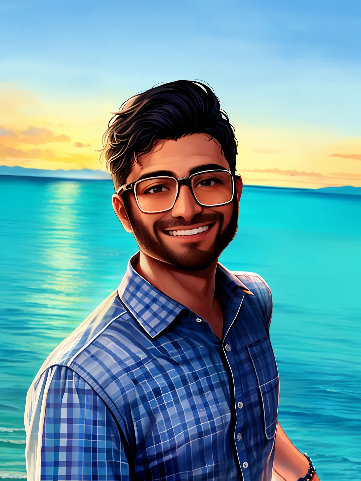 arafed man in a plaid shirt and glasses standing by the water, portait photo profile picture, headshot profile picture, jayison devadas, mid shot portrait, slight nerdy smile, cute slightly nerdy smile, full body photogenic shot, high quality portrait, mohamed chahin, portrait mode photo, very very low quality picture, very clear picture, professional profile picture