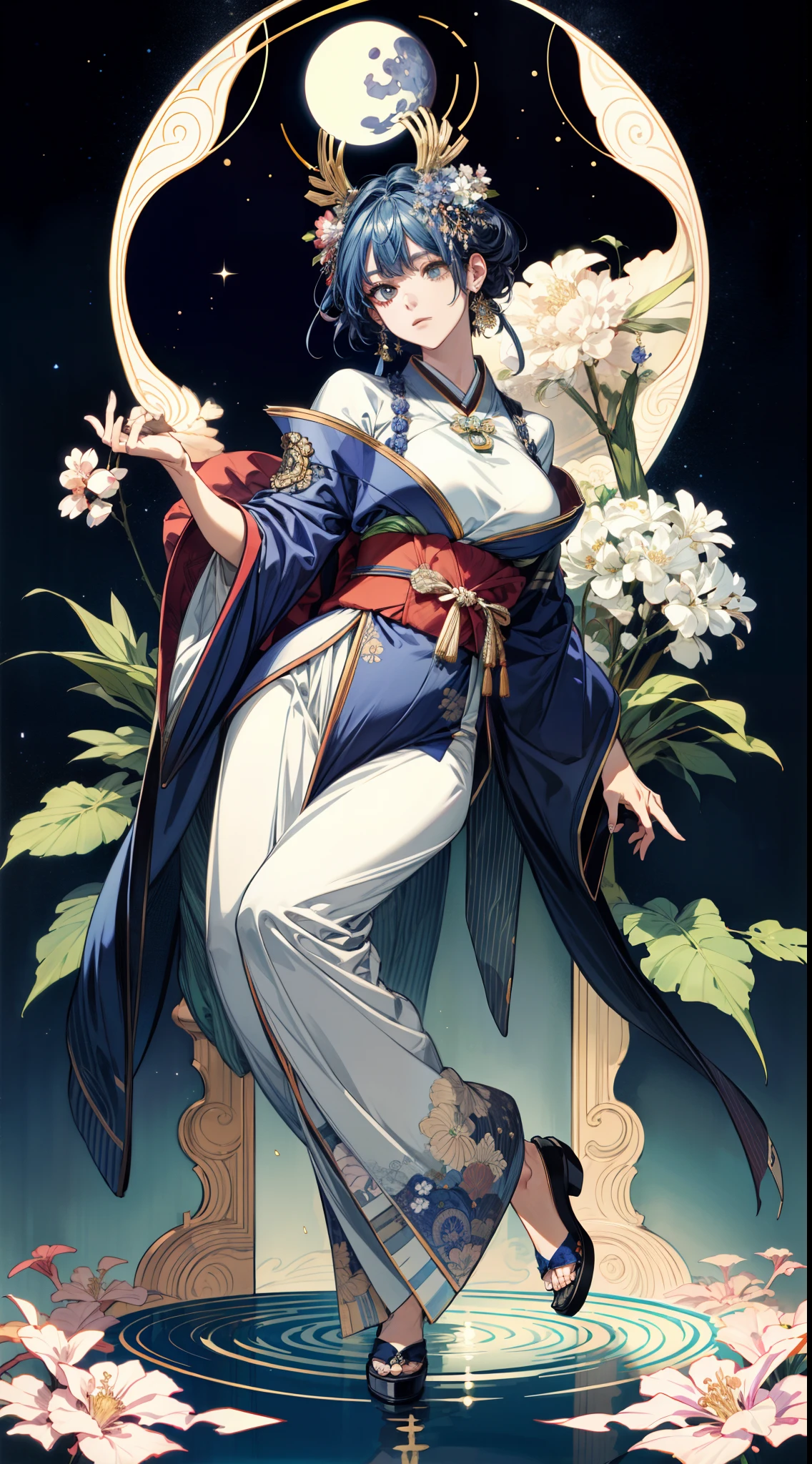 (absurderes、hight resolution、ultra-detailliert)、独奏、femele、Wearing a kimono、full bodyesbian、Bold poses、large full breasts、cabelos preto e longos、Earth Eye Eyes、Fireworks decoration、Victorian style、a matural female、A detailed face、hut\Tarot Cards\、stele、夏天、a moon、Symbolism、Visual Arts、occult、Visual Projection、pop music、art by、Alphonse Mucha