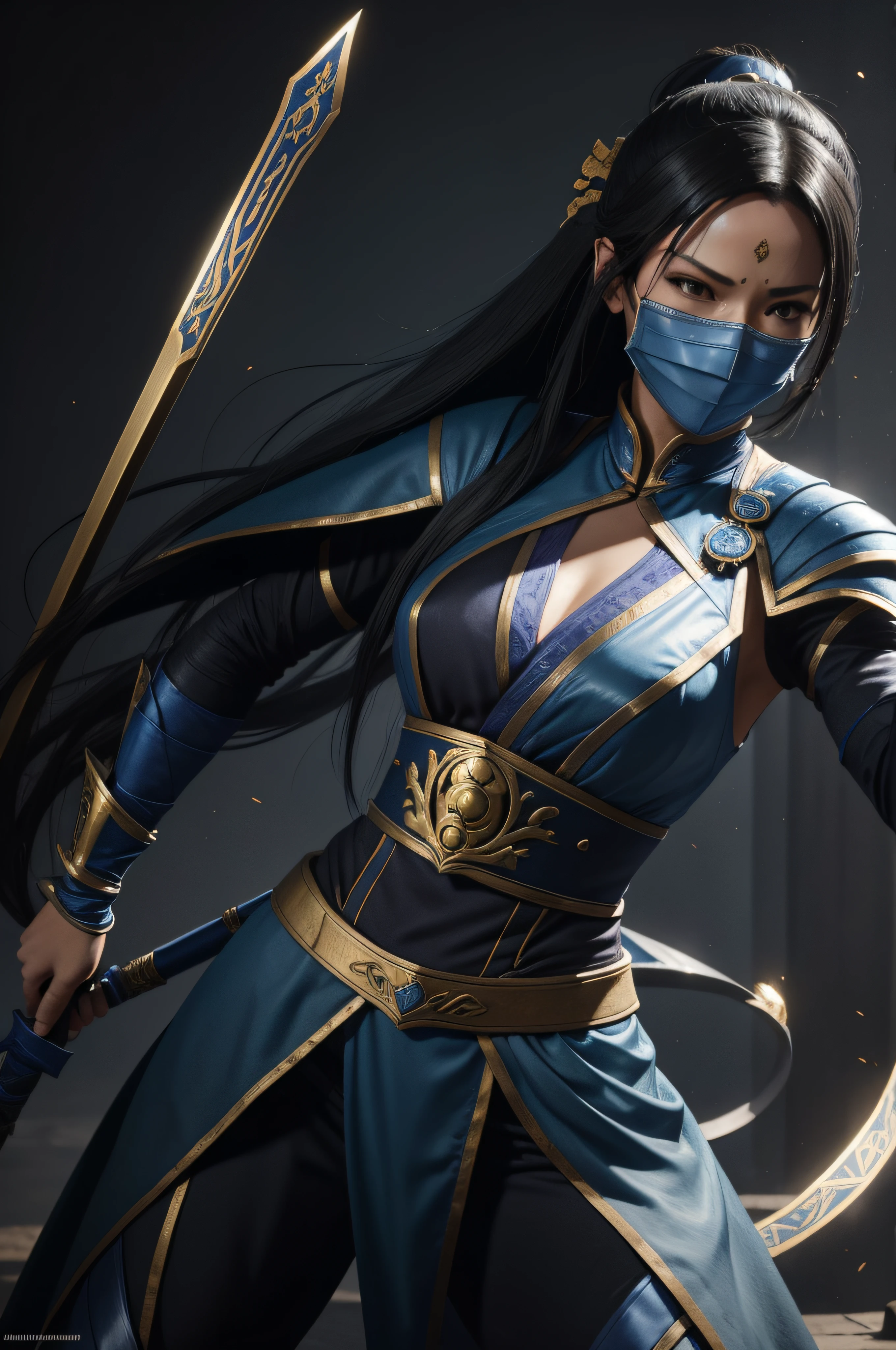 a woman in a blue outfit holding a steel fan weapon, a statue inspired by Fan Kuan, trending on Artstation, sōsaku hanga, kitana from mortal kombat, character from mortal kombat, mk ninja, render of mirabel madrigal, fighting game character, video game character, badass pose, fight pose, costume with blue accents, ultra high quality, long black hair, traditional blue mask on face, gold linings on her cloths
