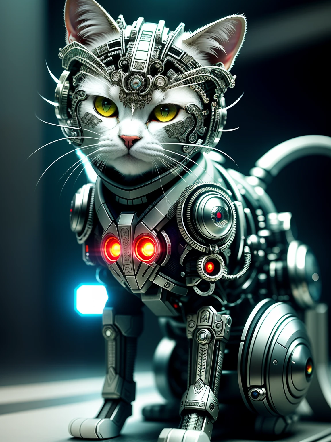 A white cat made of metal, A fierce-eyed, Teeth and claws, The demeanor of tearing and biting, Eyes that emit red light, Red eyeballs, The muscles are pronounced, The hairs on the back stand up, (Cyborg:1.1), ([Tail | detailed wire]:1.3), (Complicated details), hdr, (Complicated details, ultra - detailed:1.2), Cinema lenses, Vignette, at centre, Macro lens, Cyborg, Cyberpunk Style, ((Intricate details)), hdr, ((Intricate details, ultra - detailed)), cinema shot, Vignette, Perfect (((Gorgeous face))), Highly detailed, iintricate, first-person view, first-person view, first-person view, Eye-Level Shot, anime, anime style, highres