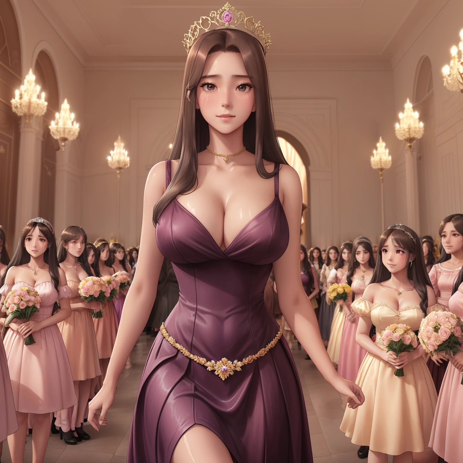 girl,Princess,long wet brown hair,diamods crown,he tall,sexy pose princess,super big breast,(P cup),age 17,sad and cry detailed face,sexy long princess clothes and long skirt outfit,full body,standing on royal palace,princess hold a bouquet of flowers,in the crowd royal palace