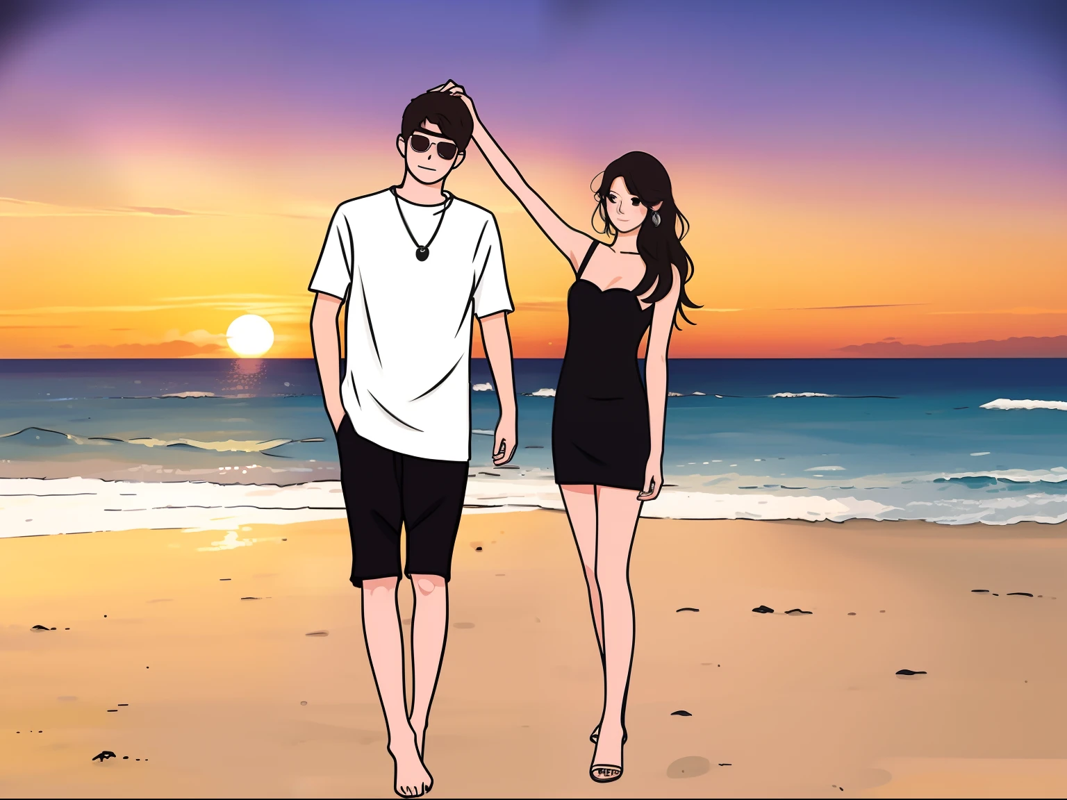 1man 1girl,with a good figure,prette,dressed stylishly,lindo cenario,Sun afterglow,beachside,sea beach,Manhwa Style