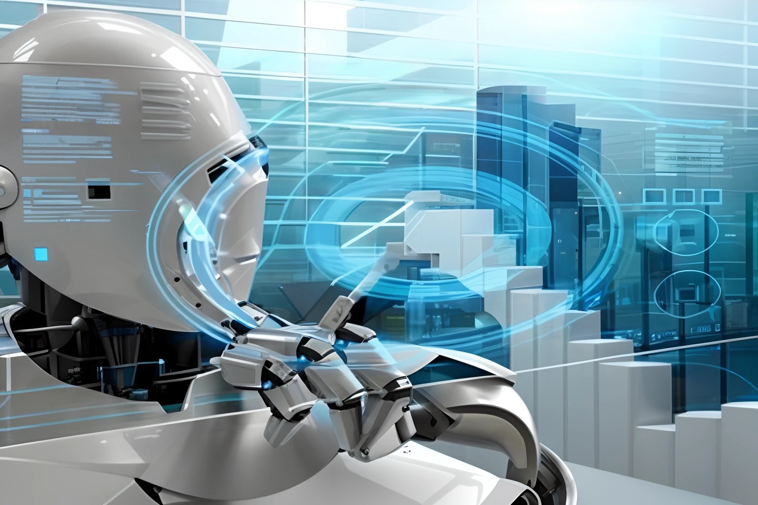 A closeup of a robot with a futuristic interface in the background, Artificial intelligence, Artificial intelligence!!, strong artificial intelligence, the coming ai singularity, infinite collaboration with AI, com tema ai, AI produzindo o realista, integrated synthetic android, Pesquisador de IA, artificial intelligence machine, robot with human face, the most advanced humanoid robot, robot in data center, IA aprimorada