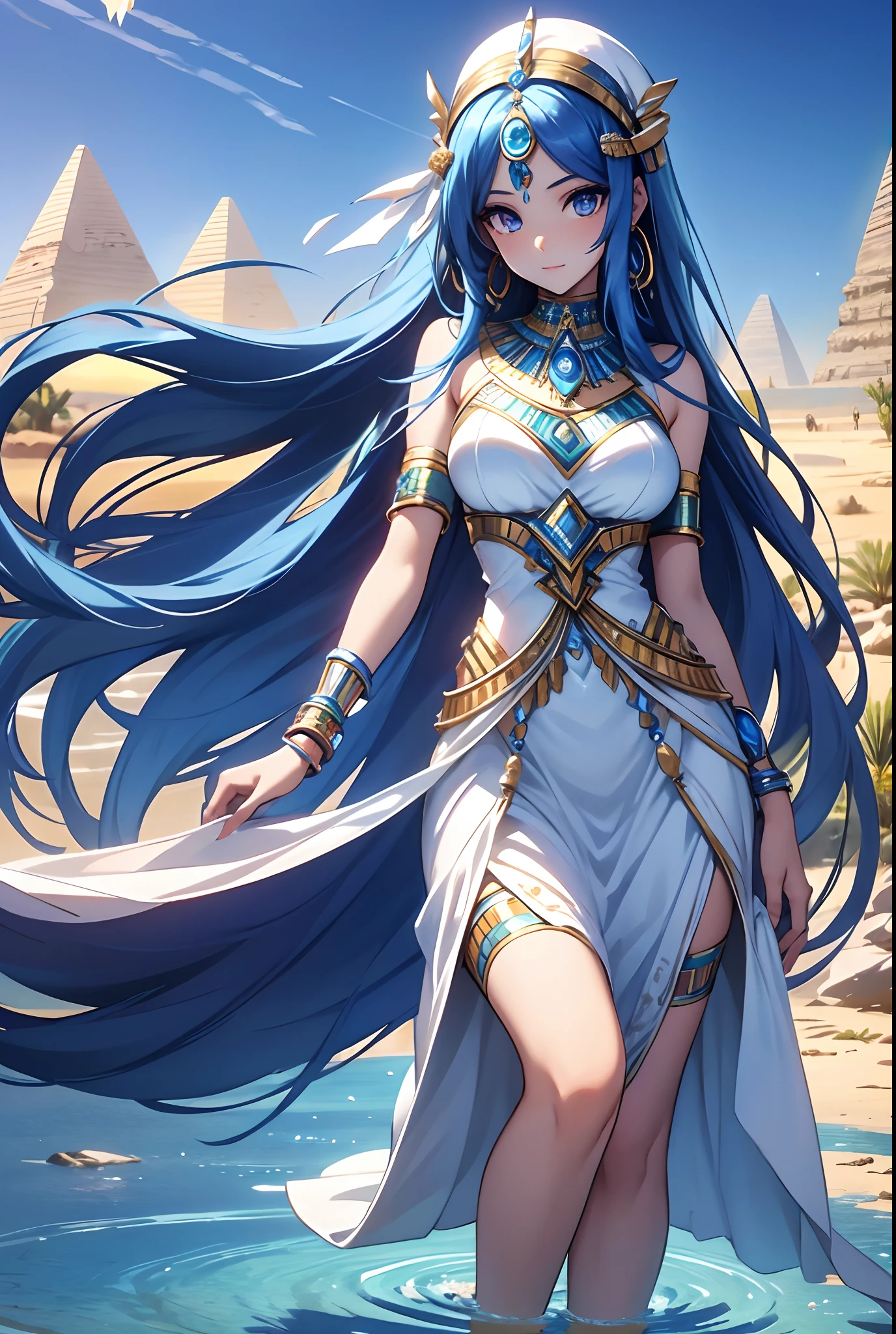 best qualityer，tmasterpiece，Ultimate resolution，downy，Extremely colorful，Colorful，Oasis background，Ancient Egyptian woman，Long azure hair，a matural female，Long white dress in Egyptian style，a white long skirt，Treading water，Desert oasis，Nile River，Normal posture