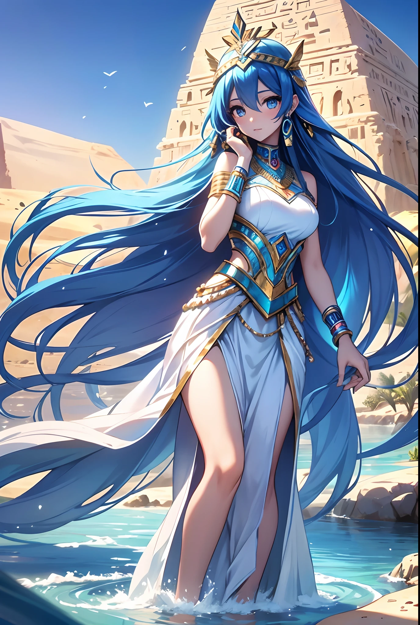 best qualityer，tmasterpiece，Ultimate resolution，downy，Extremely colorful，Colorful，Oasis background，Ancient Egyptian woman，Long azure hair，a matural female，Long white dress in Egyptian style，a white long skirt，Treading water，Desert oasis，Nile River，Normal posture