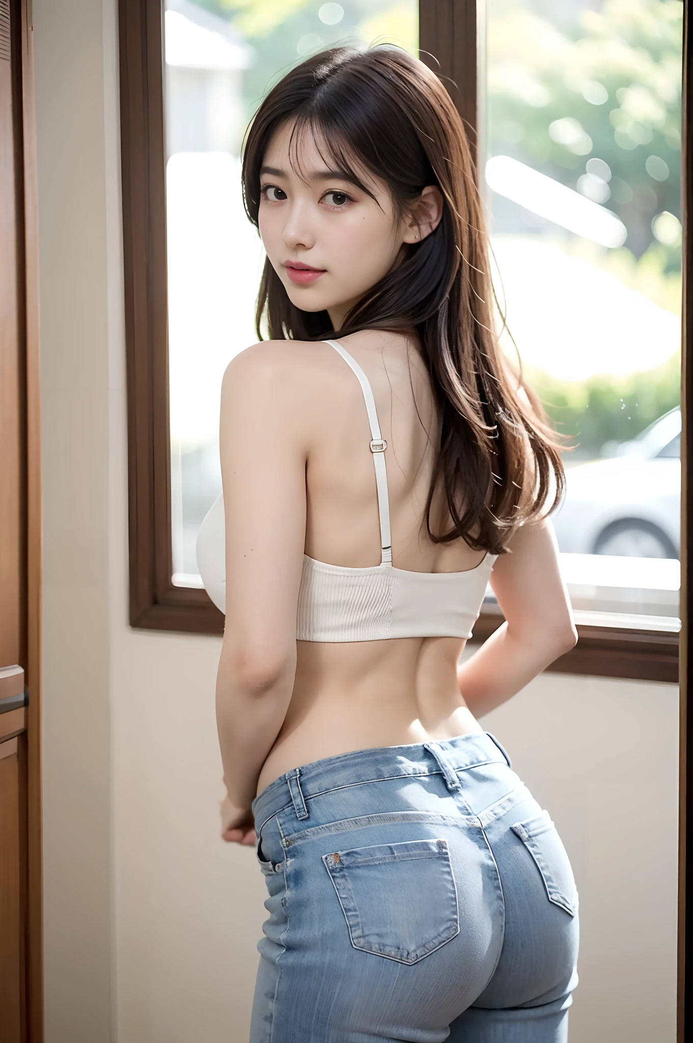hair behind ear, happy tears, Tears flowing, (ssmile, is shy:1.15), ultra-realistic realism, hentail realism, depth of fields, cinmatic lighting, The light from the back window is backlighted, 对称, bokeh, f/1.8, Eye level shots, 85mm, hasselblatt, hyper HD, tmasterpiece, high high quality, high detal, best qualtiy, A high resolution, k hd, 16k, 8k, 4K, Award-Awarded, unified, Extremely Delicately Beautiful, The is very detailed, astounding, finely detailled, tmasterpiece, Best quality at best, offcial art,hoang lap,Incredibly Ridiculous res,hugefilesize,ultra - detailed,A high resolution,extremely detaile,Beautiful Meticulous Girl,extremely detailed eyes ancface,美丽细致的眼睛,light in face,18yr old,white sleeveless,skintight jeans,black long straight hair,slenderness,Abs,(huge-breasted:1.25),(a narrow waist:1.15),