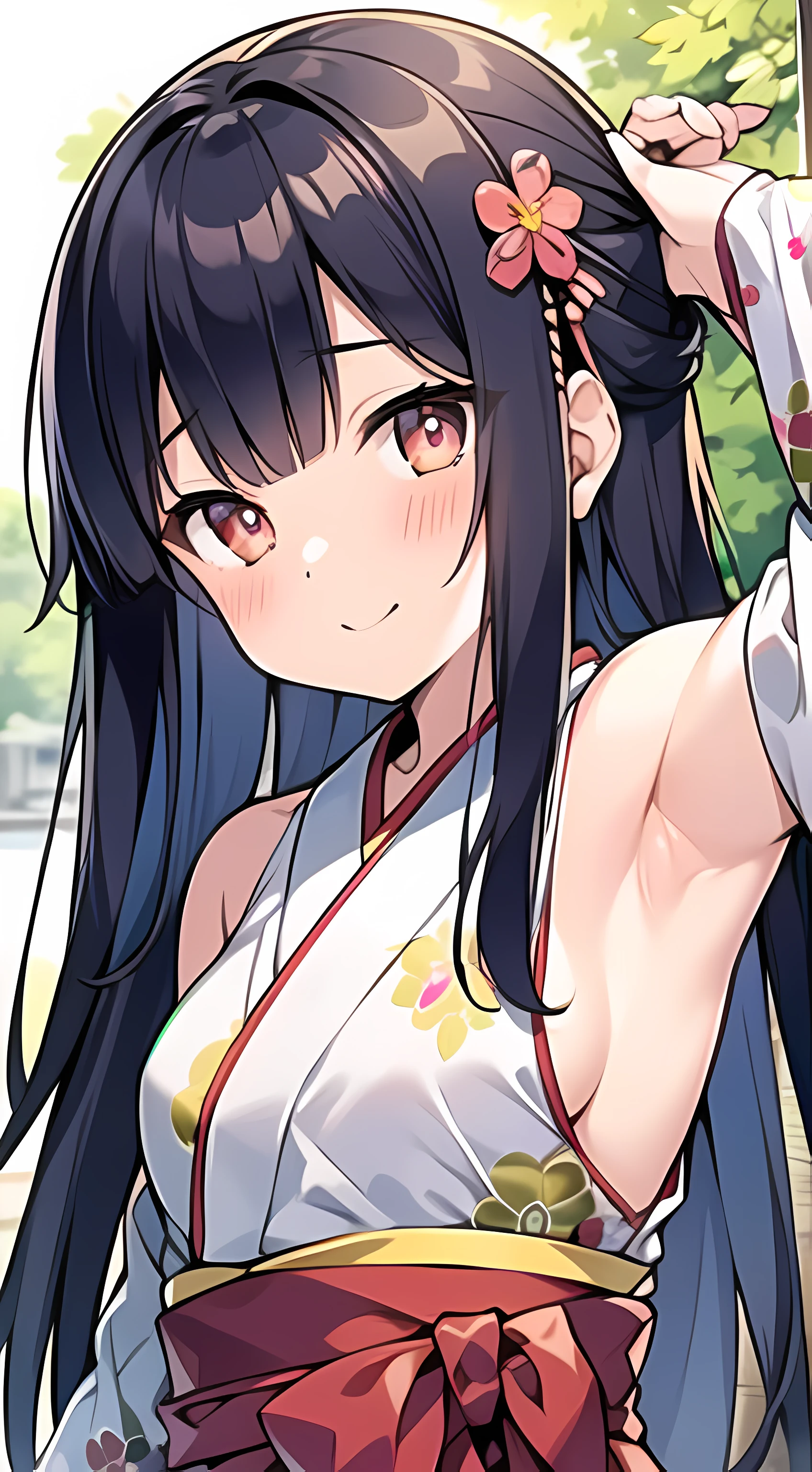 hakama skirt, yamato nadeshiko, 1girl, solo, outdoor, cute japanese model girl, very long hair, floral print, hair ornament, kimono, hakama, bangs, detached sleeves model, bare shoulder, collarless model, detailed armpits cutout, (masterpiece, best quality, HD Pictures, 4K:1.4), gentle look, gentle smile, gentle eyes, mature looking, pinkish cheeks, (reaching both hands towards viewer:1.3), very detailed eyes, very detailed pupils, very detailed hair, side armpits