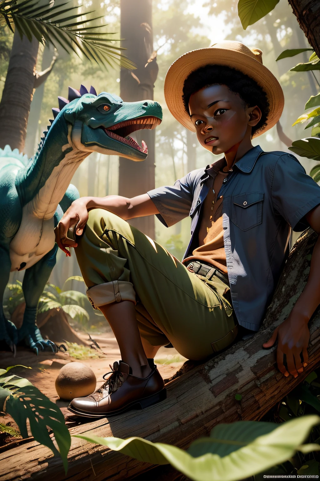 Menino africano de pele escura, wearing dark colored hat made of cloth, brown pants and shirt in the forest with dinosaurs