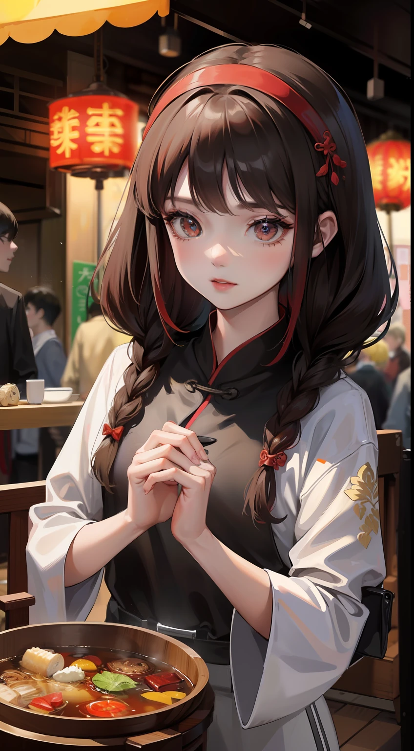 Chengdu girl,hot pot,Delicate facial features,Delicate,(There is lotus embroidery on the clothes:1.4),(Chinese red:1.4),Lively street stalls,the night,red colour,Abundant hot pot ingredients,Twist braids,Bokeh,sharp focus on eyes,8K,super-fine,tmasterpiece,Accurate hands,Detailed pubic hair,dynamic viewing angle