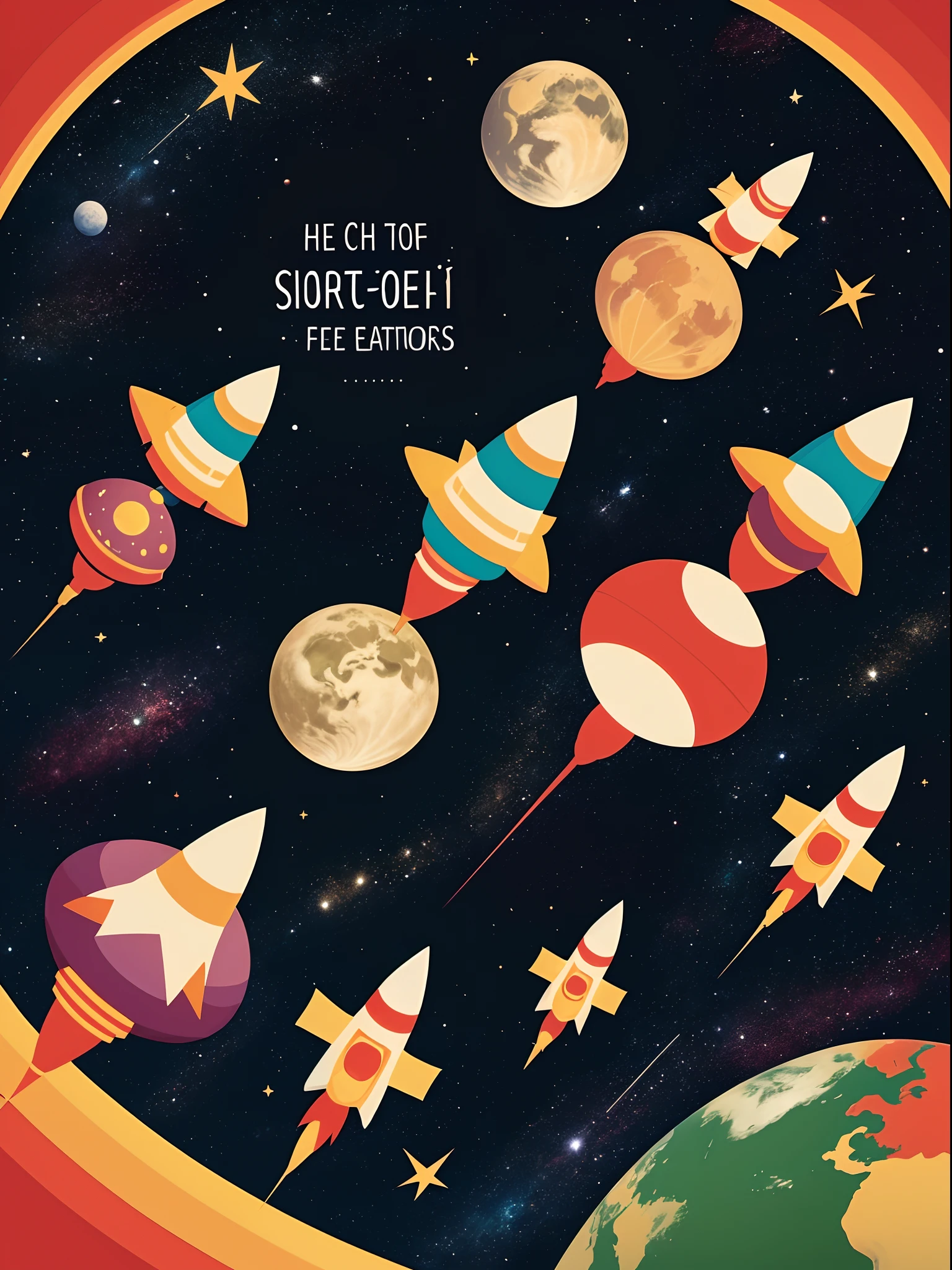 **Page 1 - Cover:**
The book's cover features a vivid and colorful image of Little Astronaut Luca in a bright spacesuit and a helmet. He's standing next to a rocket, segurando uma bandeira com estrelas. Ao fundo, The night sky is full of twinkling stars and a giant planet. Colors should be vibrant and cheerful to attract children's attention.
**Page 2 - The Space Discovery:**
An illustration by Luca, um menininho curioso com olhos brilhantes, apontando para o cartaz da Escola de Astronautas que ele encontrou no jardim. His mother is by his side, smiling and supporting his excitement. in sky, algumas nuvens fofinhas e um sol radiante. Cores suaves e acolhedoras.
**Page 3 - Space Training:**
Uma cena divertida da turma de astronautinhas treinando na escola. They're floating in various funny positions, Like a giant wheel of children in the air. O Professor Estrelão, with his funny mustache and shiny hat, is smiling as he guides the children. Fundo com estrelas e planetas para enfatizar o ambiente espacial.
**Page 4 - The Space Takeoff:**
The rocket soaring into the sky with a trail of smoke, levando Luca e seus amigos em sua emocionante jornada. The children are holding their chairs with wide eyes and excited smiles. Professor Estrelão is in the cockpit, dando um polegar para cima. The sky is full of bright stars and the Earth below gets smaller as they rise.
**Page 5 - Exploring the Stars:**
A magical illustration of children floating in space surrounded by bright and colorful stars. Some comets are scratching the sky and a shooting star passes through the background. Each child has an expression of surprise and joy as they point to the cosmic wonders.
**Page 6 - Back Home:**
The rocket lands gently back to Earth, em um campo verde. The children are coming out of the rocket with radiant smiles and hugging their parents who are eagerly waiting. Luca co