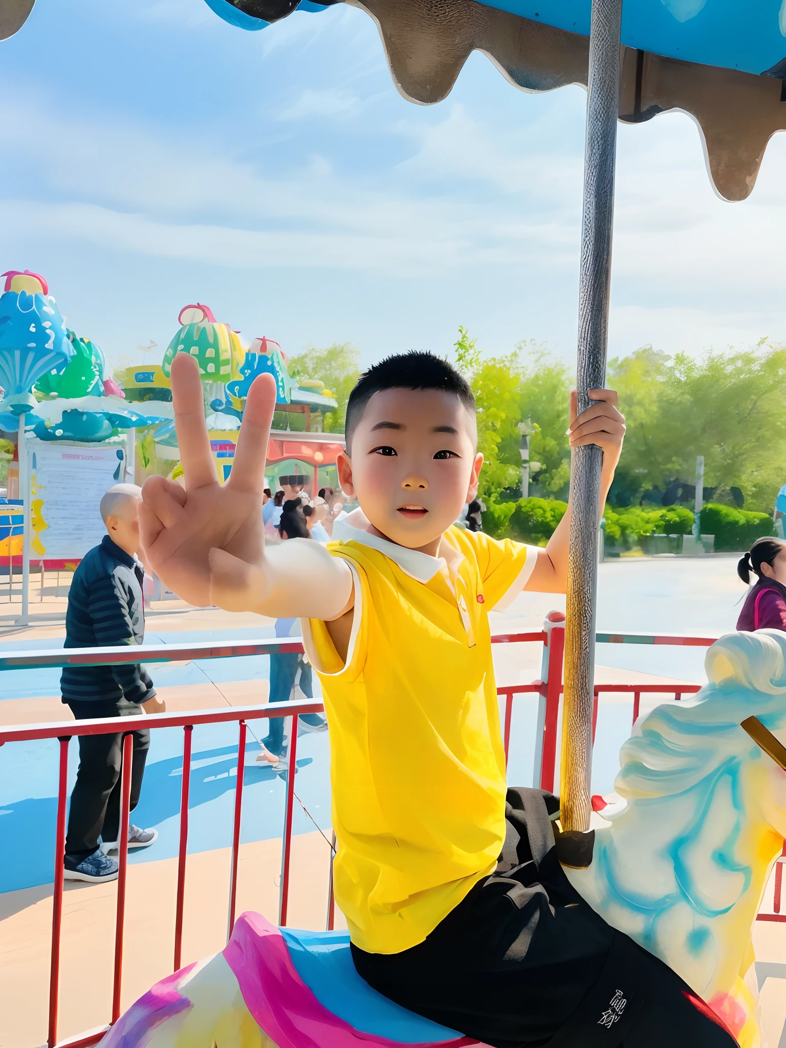 The  Kim Yiwei, photographed on 2 0 2 0, rides the graceful Nanquan carousel at the carnival，At that moment, the baby boy had fun，Shaxi Yihao clean in the sun，The Nikon Z9 captured the handsome moment of Li Zixin with the best DLSR camera。