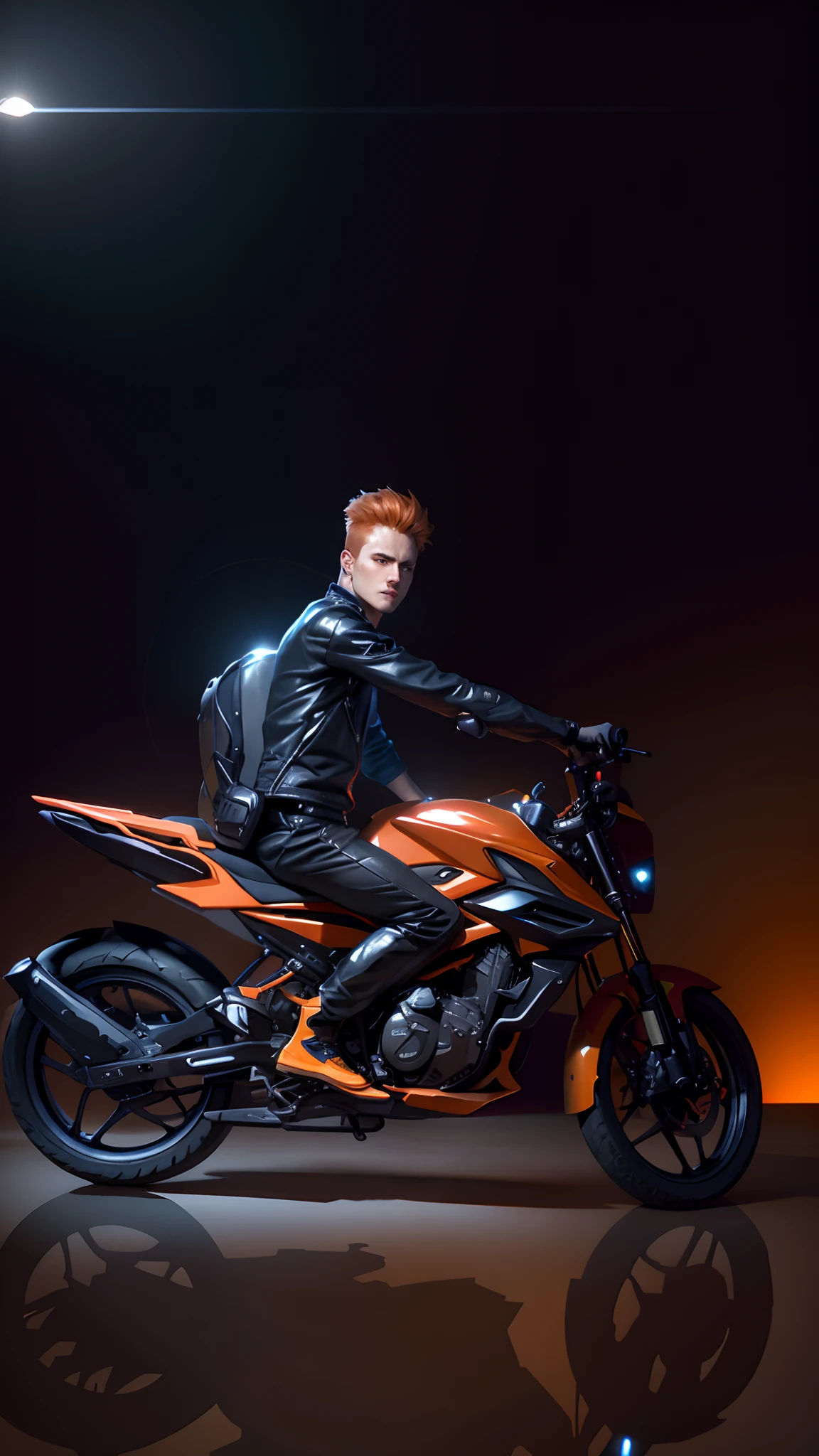 1boy, orange hair, black leather jacket, rain, land vehicle, helmet, mecha, motor vehicle, motorcycle, on motorcycle, vehicle focus, wheel, night, road, street, rain, city, puddles, 8k, ultra realistic, lens flare, atmosphere, brightness, detailed, intricate, full of color, cinematic lighting, trend in artstation, 4k, hyper-realistic, focused, extreme details, unreal engine 5, cinematic, masterpiece, best quality
