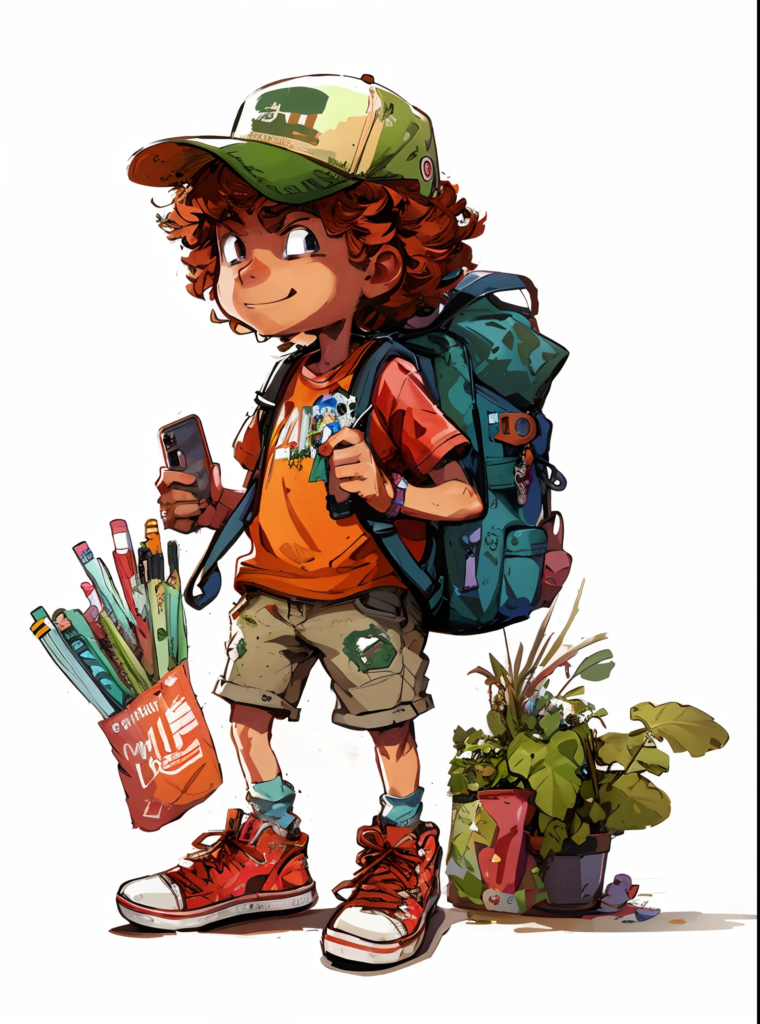 cartoon boy with backpack and cell phone standing next to plants, childrens art in artstation, highly detailed character design, concept art of single boy, epic full color illustration, character illustration, detailed character art, colored illustration, official character illustration, full color illustration, cute detailed digital art, full body character portrait, great character design, full body portrait of a short!